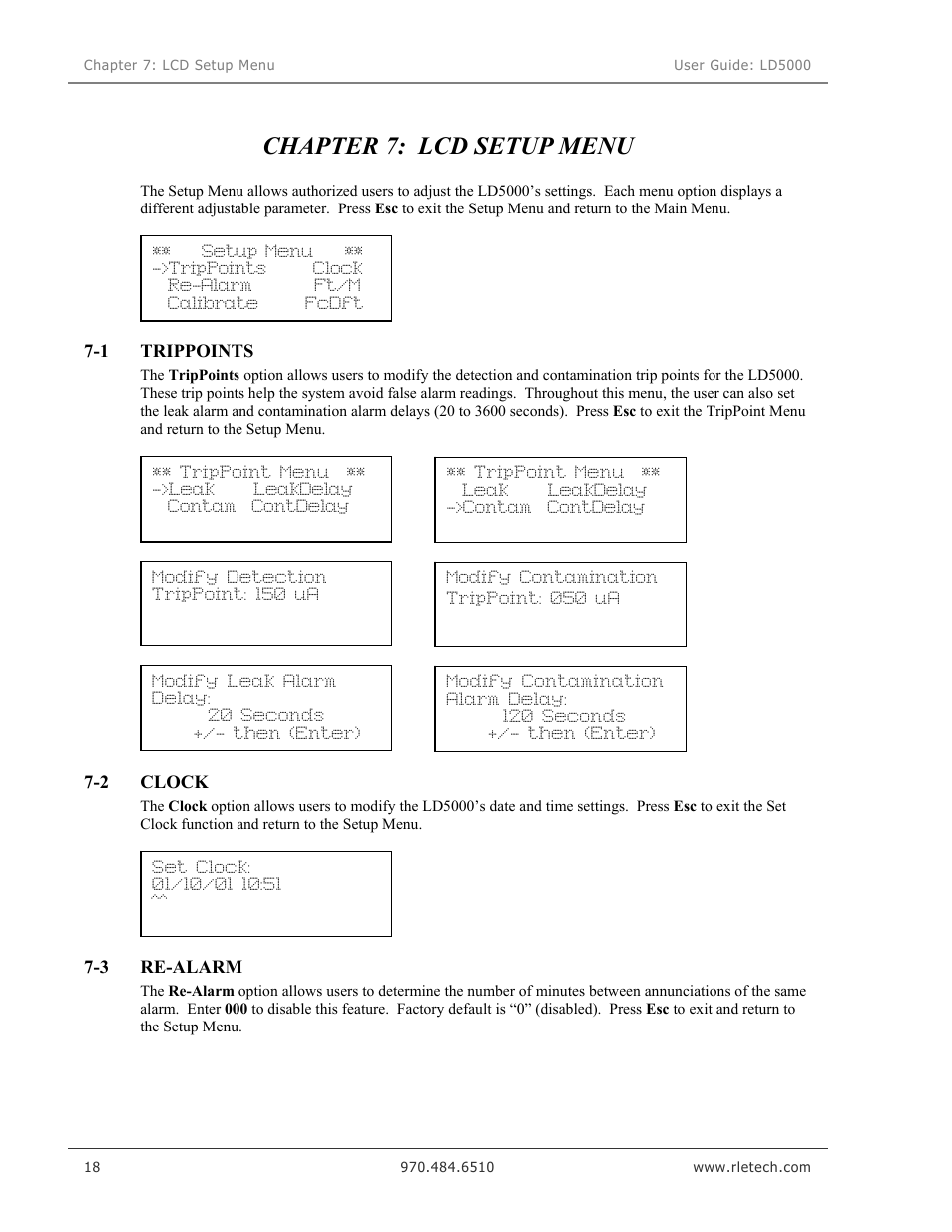 Lcd setup menu, Trippoints, Clock option | Re-alarm, Chapter 7: lcd setup menu | RLE LD5000 User Manual | Page 26 / 92