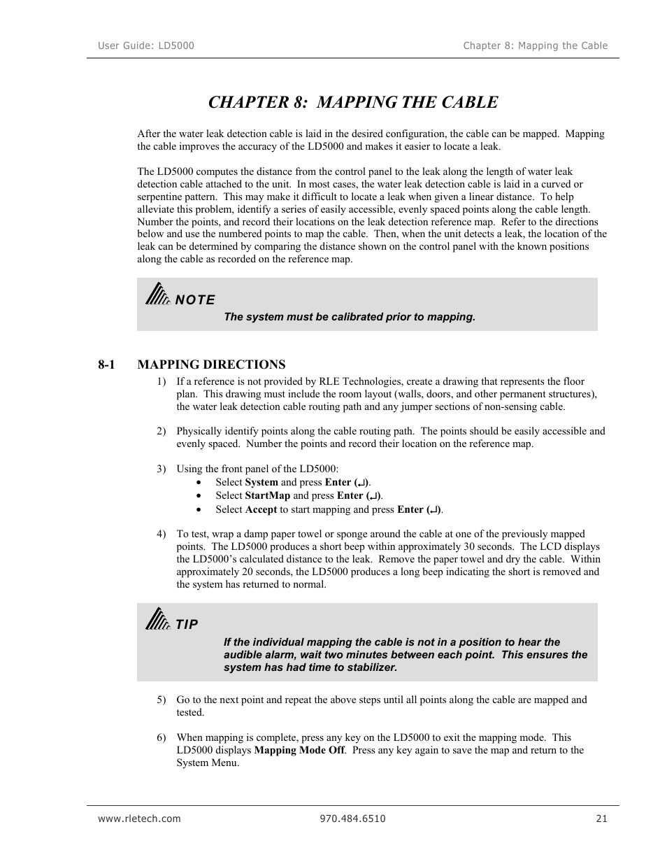 Mapping the cable, Mapping directions, Chapter 8: mapping the cable | RLE LD5000 User Manual | Page 29 / 92