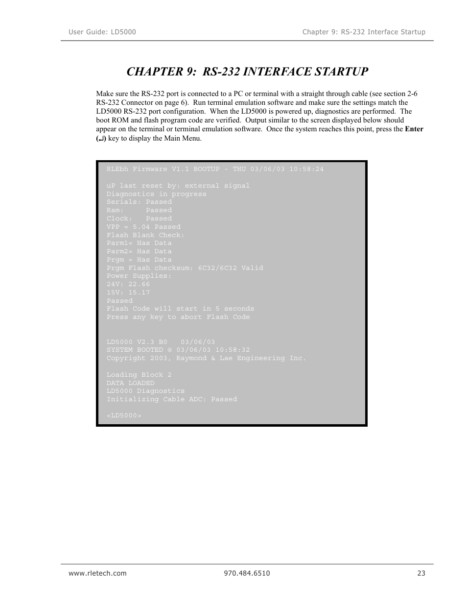 Rs-232 interface startup, Chapter 9: rs-232 interface startup | RLE LD5000 User Manual | Page 31 / 92