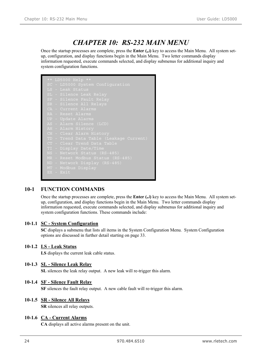 Rs-232 main menu, Function commands, Sc - system configuration | Ls - leak status, Sl - silence leak relay, Sf - silence fault relay, Sr - silence all relays, Ca - current alarms, Chapter 10: rs-232 main menu | RLE LD5000 User Manual | Page 32 / 92