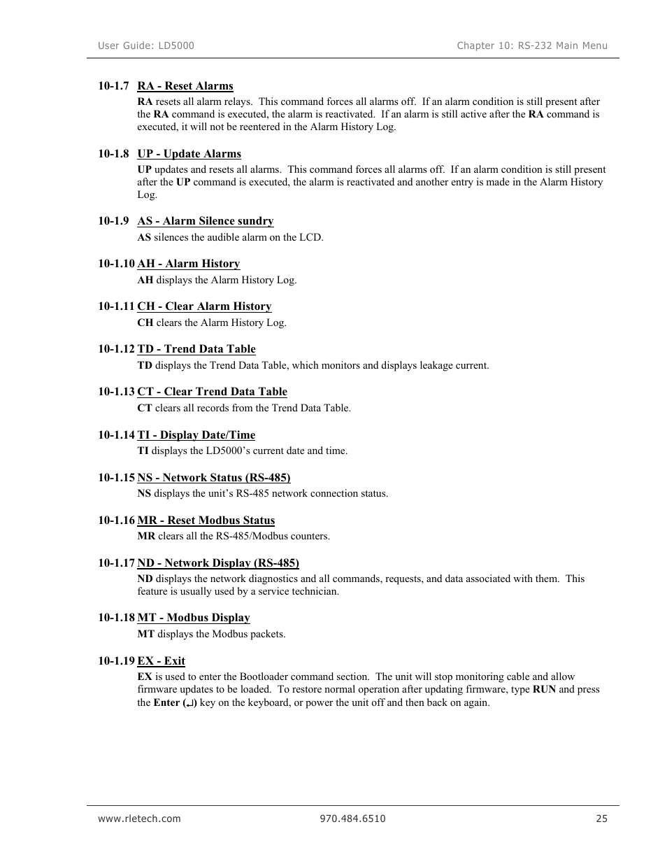 Ra - reset alarms, Up - update alarms, As - alarm silence sundry | Ah - alarm history, Ch - clear alarm history, Td - trend data table, Ct - clear trend data table, Ti - display date/time, Ns - network status (rs-485), Mr - reset modbus status | RLE LD5000 User Manual | Page 33 / 92