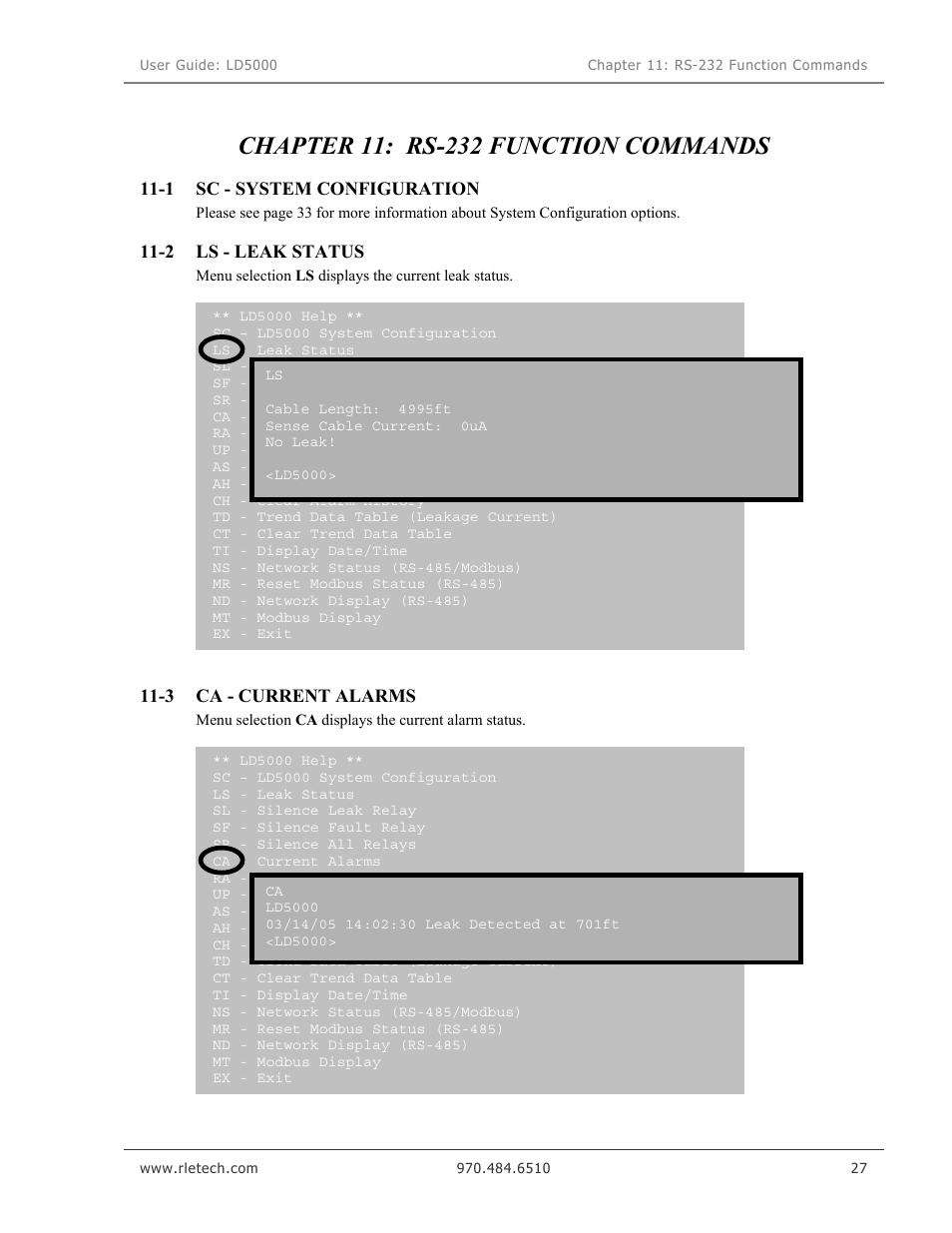 Rs-232 function commands, Sc - system configuration, Ls - leak status | Ca - current alarms, Chapter 11: rs-232 function commands | RLE LD5000 User Manual | Page 35 / 92