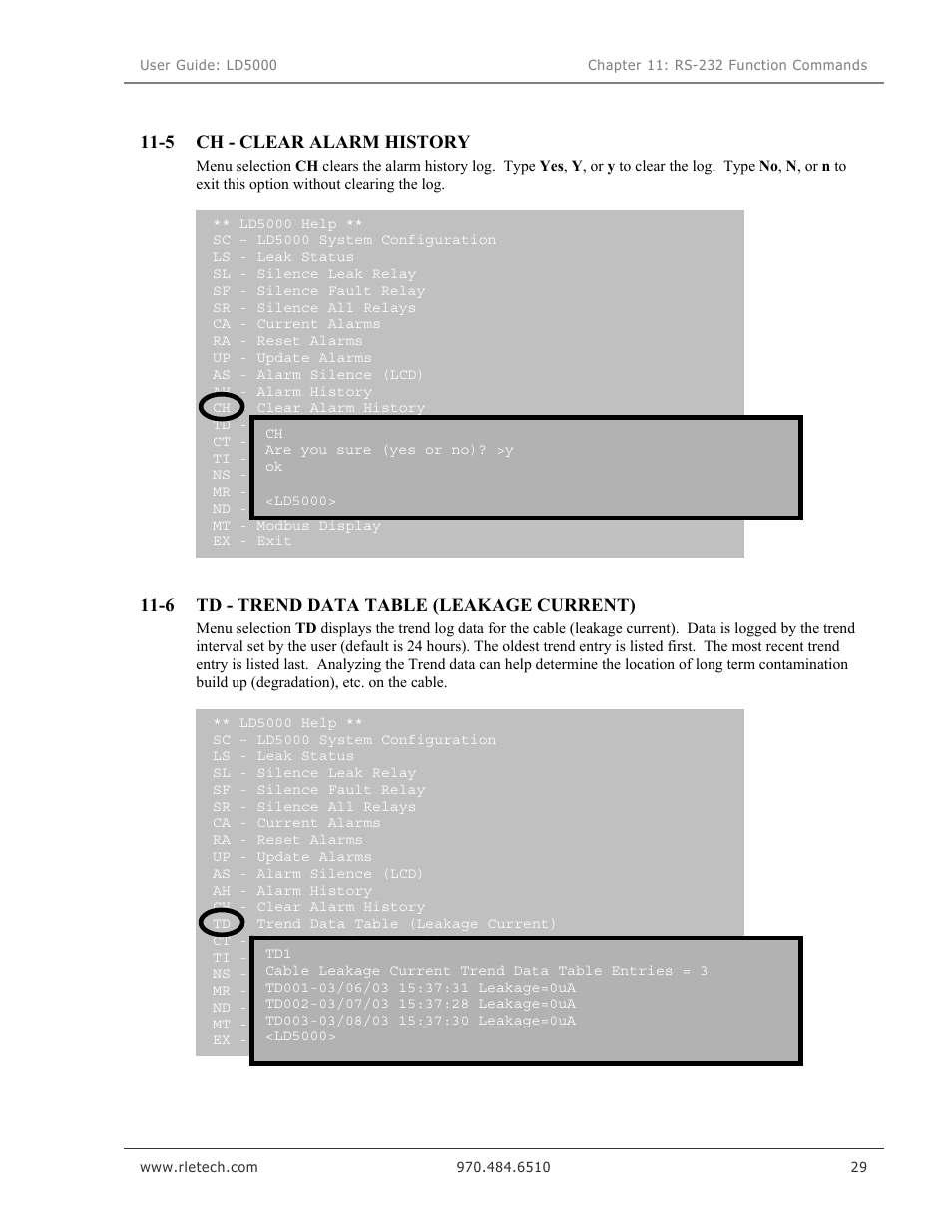 Ch - clear alarm history, Td - trend data table (leakage current) | RLE LD5000 User Manual | Page 37 / 92