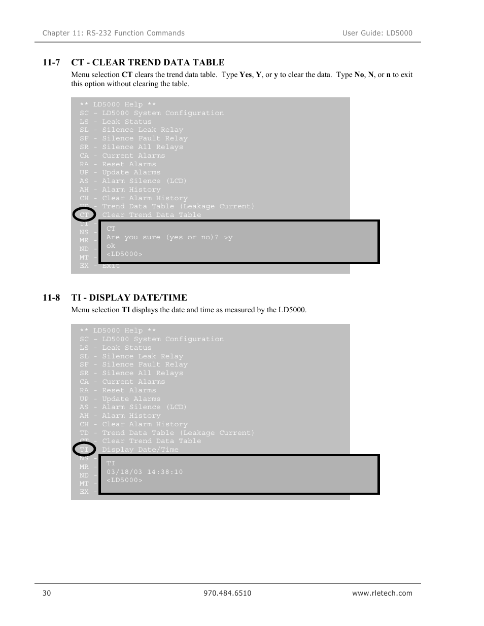 Ct - clear trend data table, Ti - display date/time | RLE LD5000 User Manual | Page 38 / 92