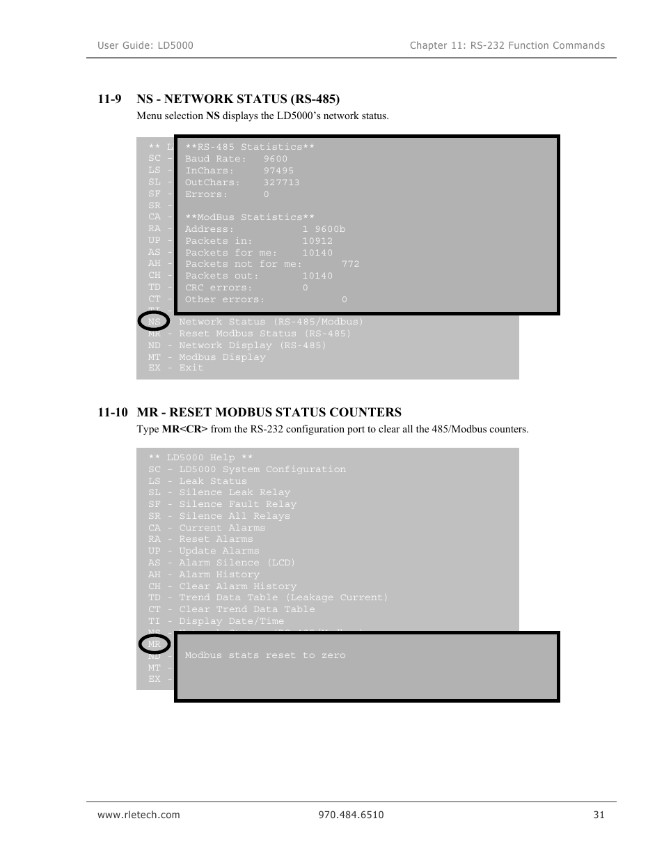Ns - network status (rs-485), Mr - reset modbus status counters, 9 ns - network status (rs-485) | 10 mr - reset modbus status counters | RLE LD5000 User Manual | Page 39 / 92