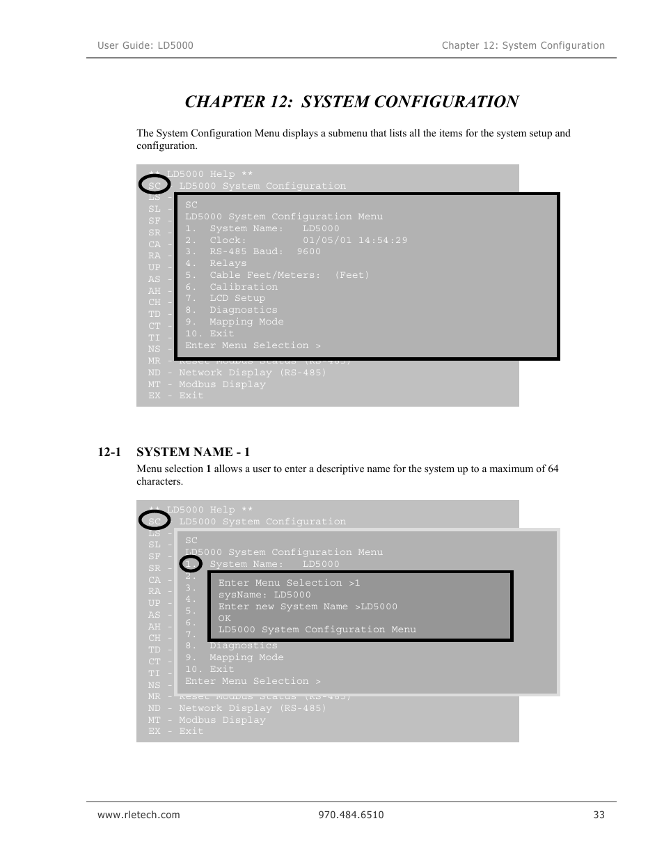 System configuration, System name - 1, Chapter 12: system configuration | RLE LD5000 User Manual | Page 41 / 92