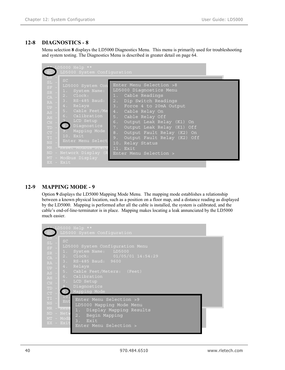 Diagnostics - 8, Mapping mode - 9 | RLE LD5000 User Manual | Page 48 / 92