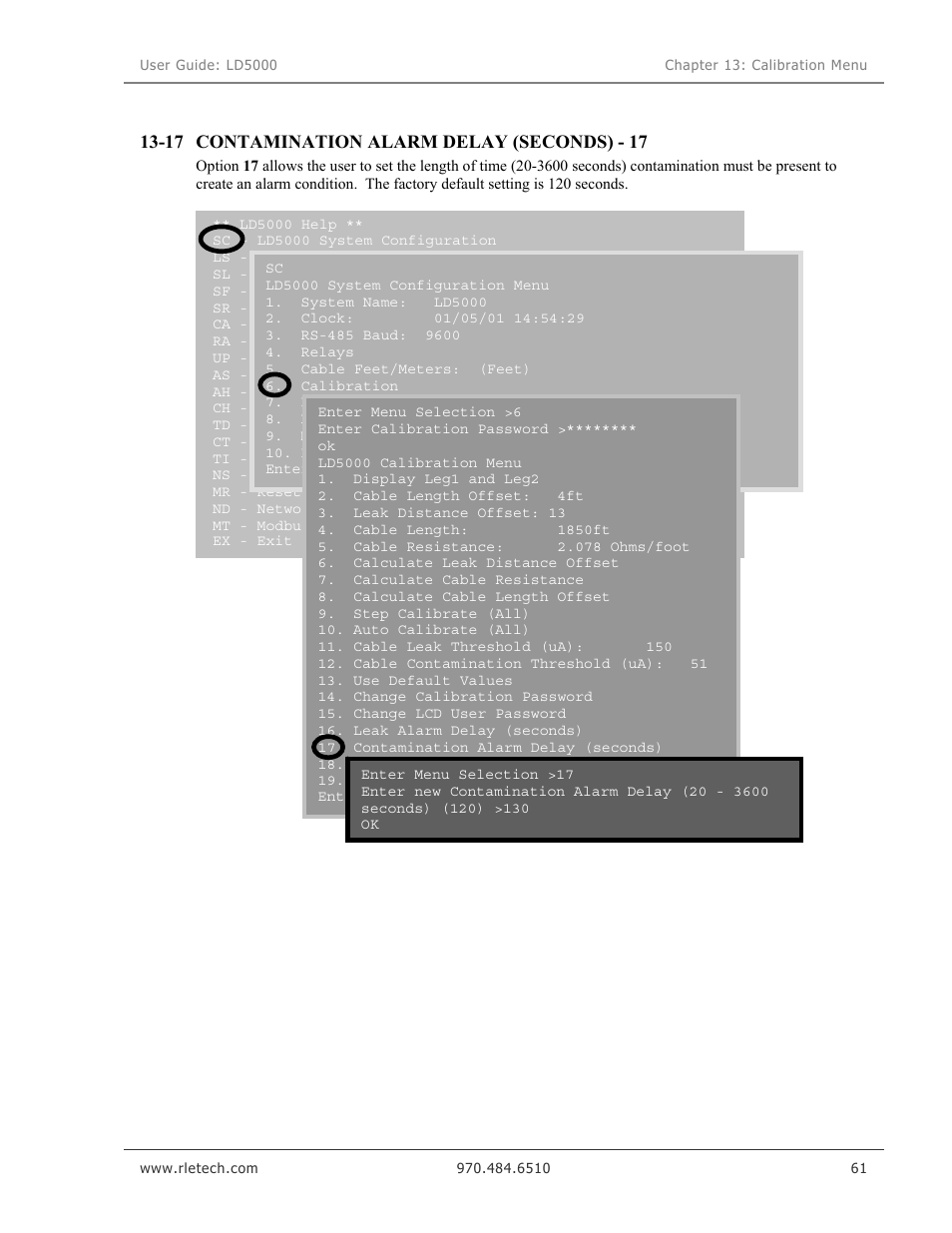 Contamination alarm delay (seconds) - 17, 17 contamination alarm delay (seconds) - 17 | RLE LD5000 User Manual | Page 69 / 92