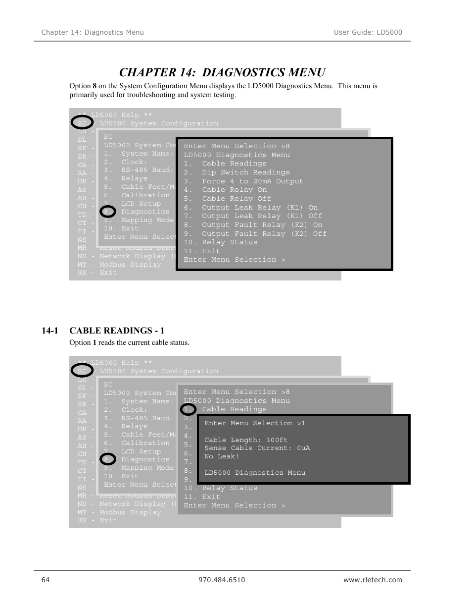 Diagnostics menu, Cable readings - 1, Chapter 14: diagnostics menu | RLE LD5000 User Manual | Page 72 / 92