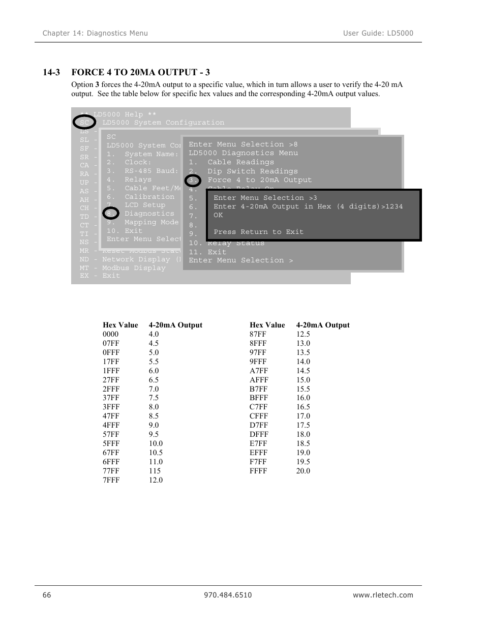 Force 4 to 20ma output - 3 | RLE LD5000 User Manual | Page 74 / 92