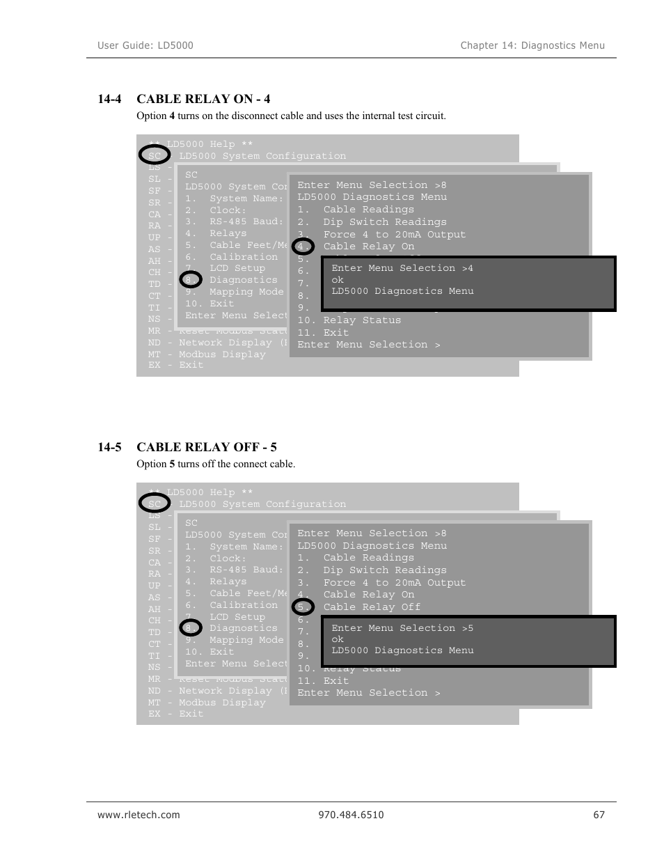 Cable relay on - 4, Cable relay off - 5 | RLE LD5000 User Manual | Page 75 / 92