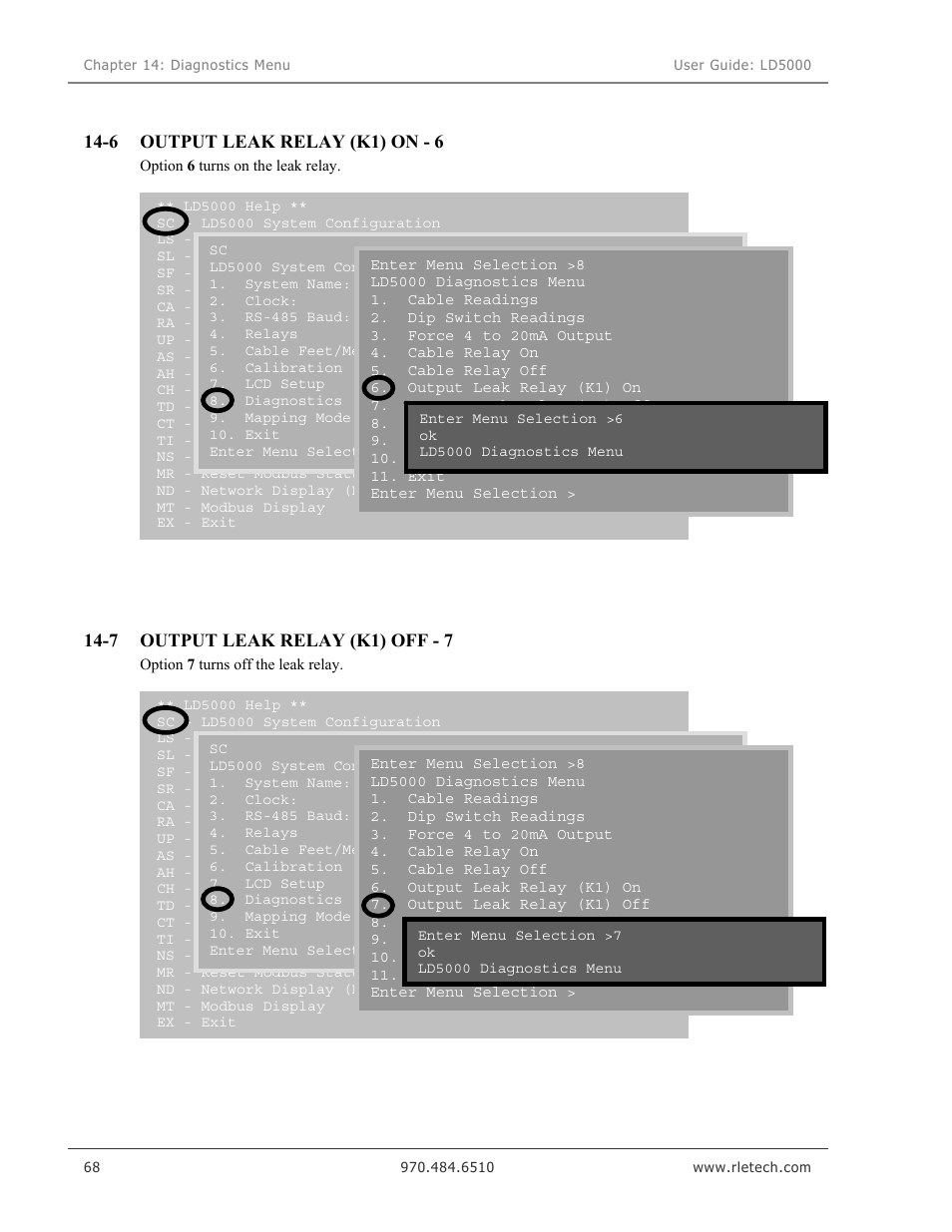Output leak relay (k1) on - 6, Output leak relay (k1) off - 7 | RLE LD5000 User Manual | Page 76 / 92