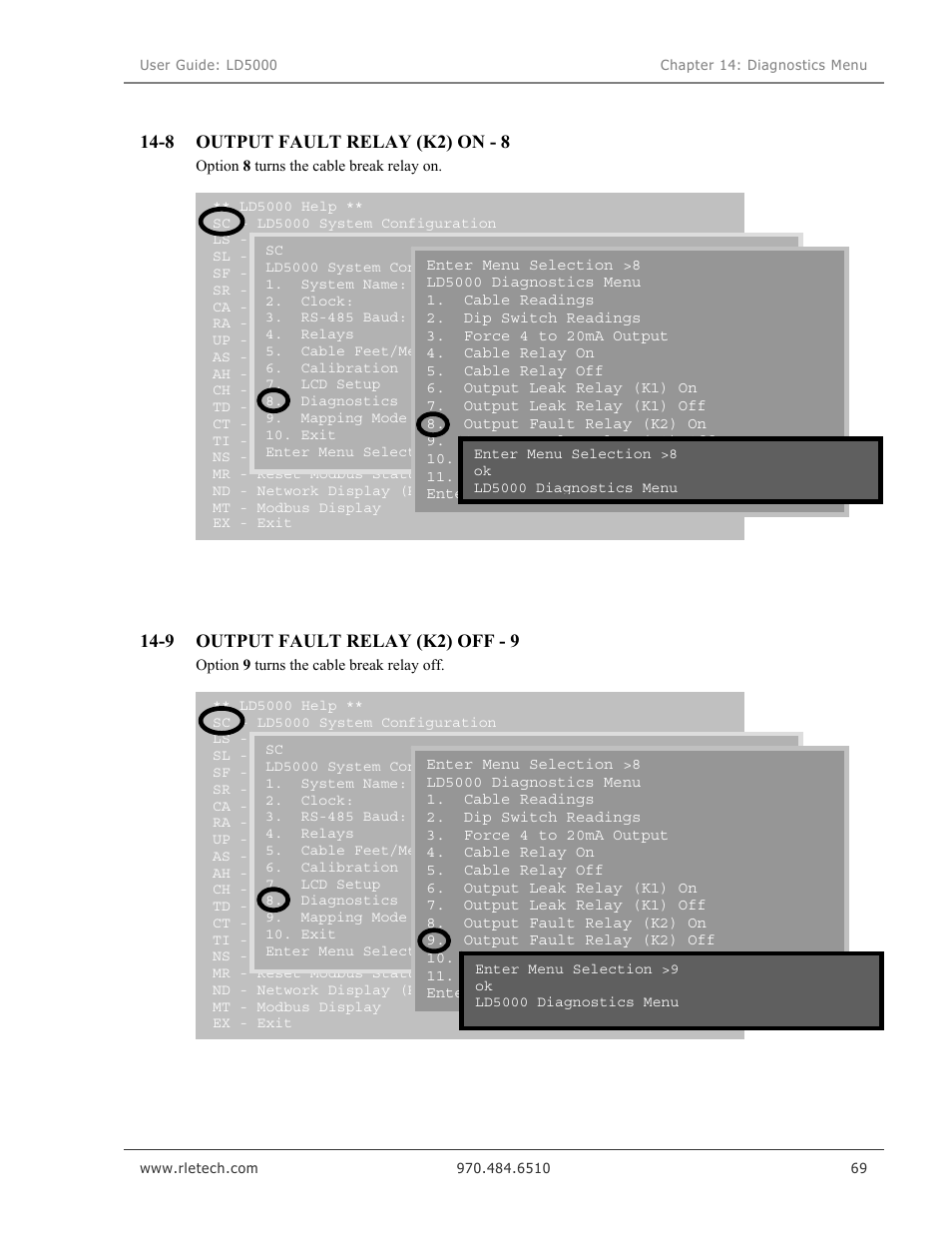Output fault relay (k2) on - 8, Output fault relay (k2) off - 9 | RLE LD5000 User Manual | Page 77 / 92