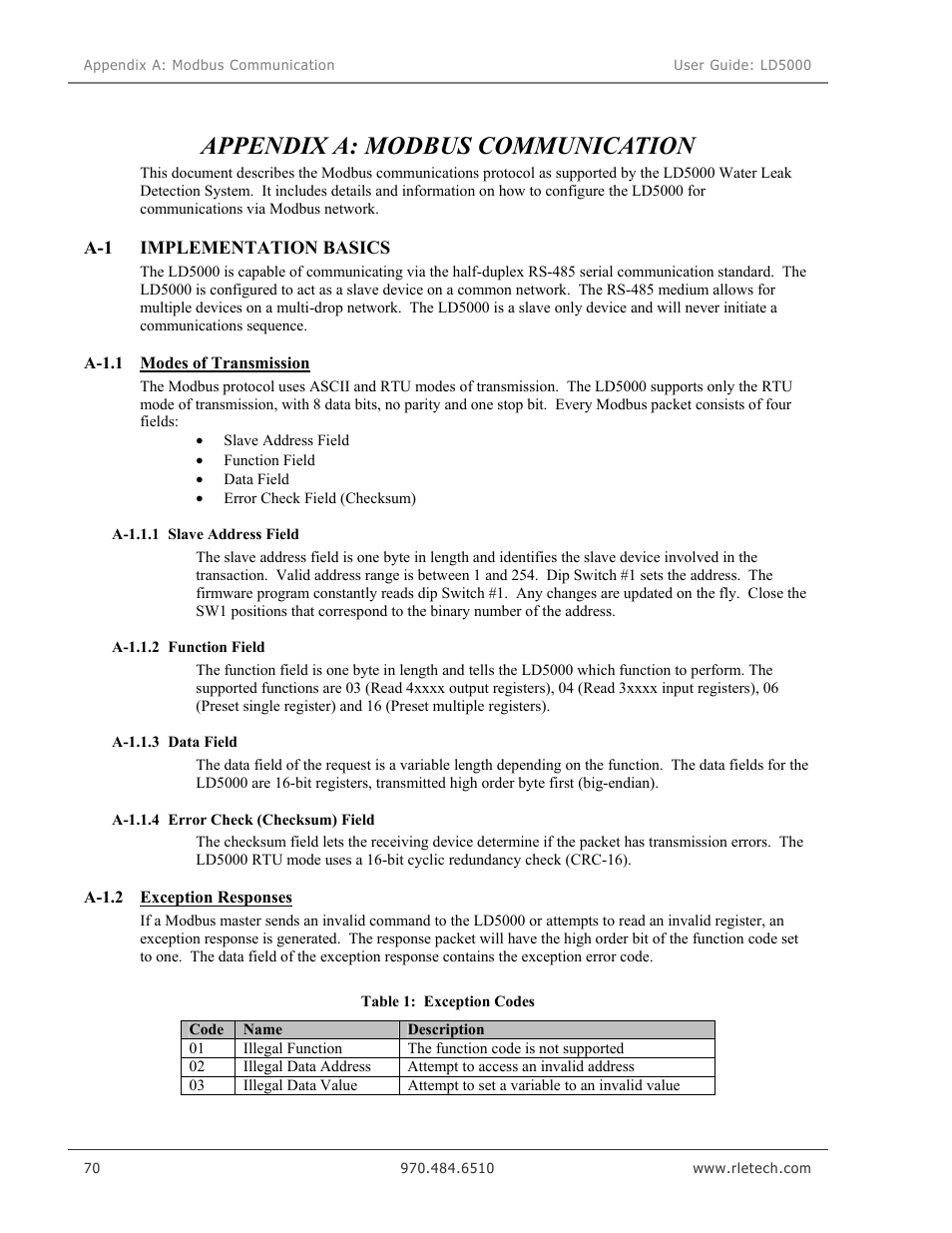 Appendix a: modbus communication, Implementation basics, Table 1: exception codes | RLE LD5000 User Manual | Page 78 / 92