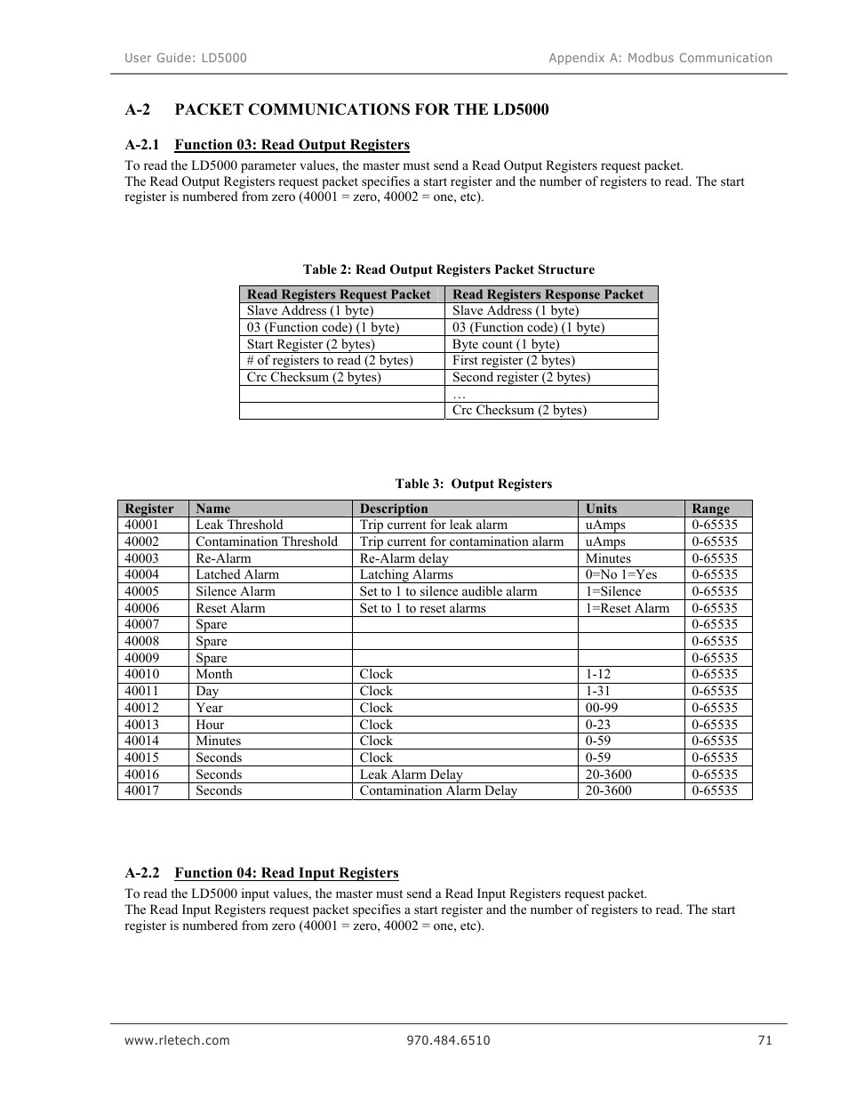 Packet communications for the ld5000, Table 2: read output registers packet structure, Table 3: output registers | RLE LD5000 User Manual | Page 79 / 92