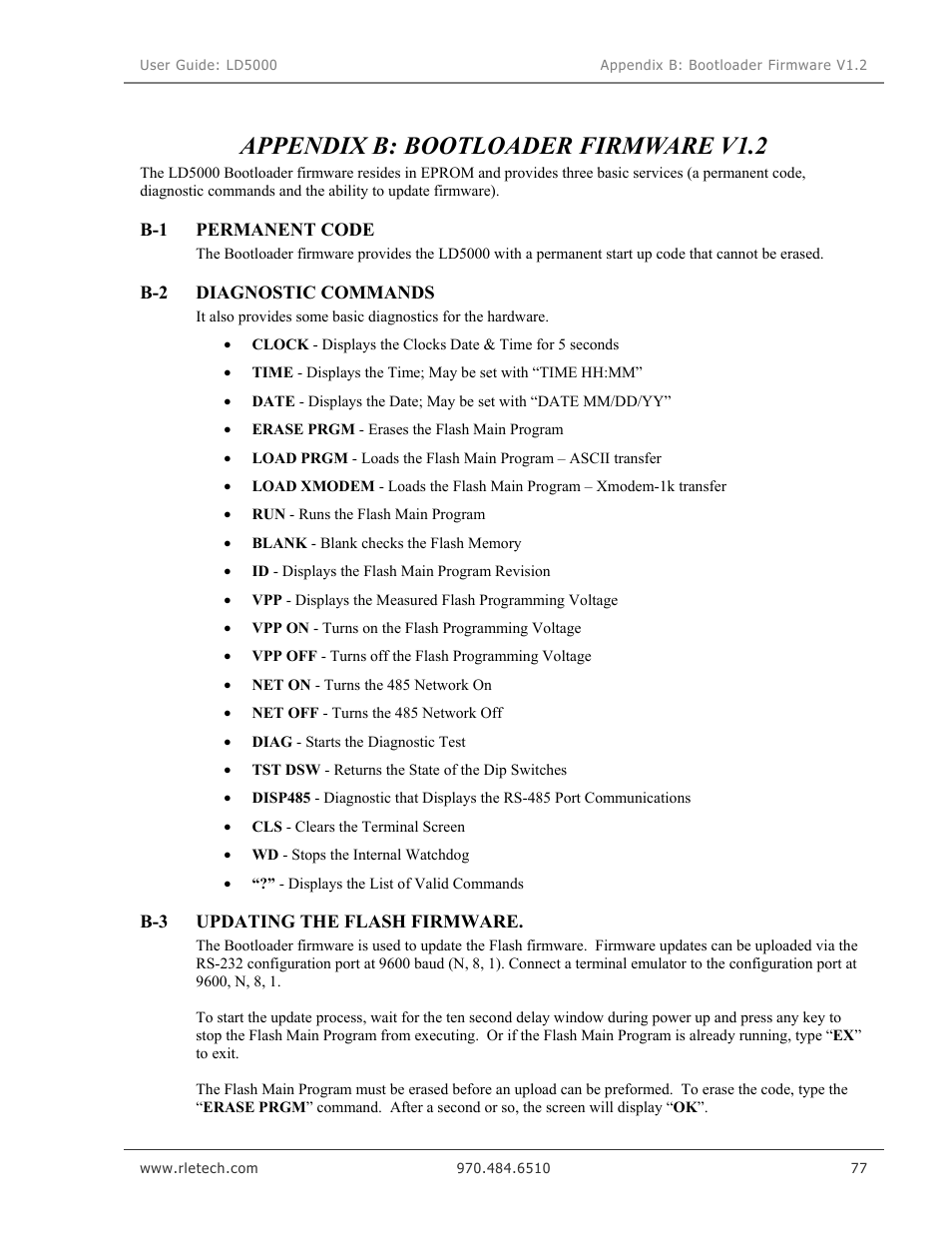 Appendix b: bootloader firmware v1.2, Permanent code, Diagnostic commands | Updating the flash firmware | RLE LD5000 User Manual | Page 85 / 92