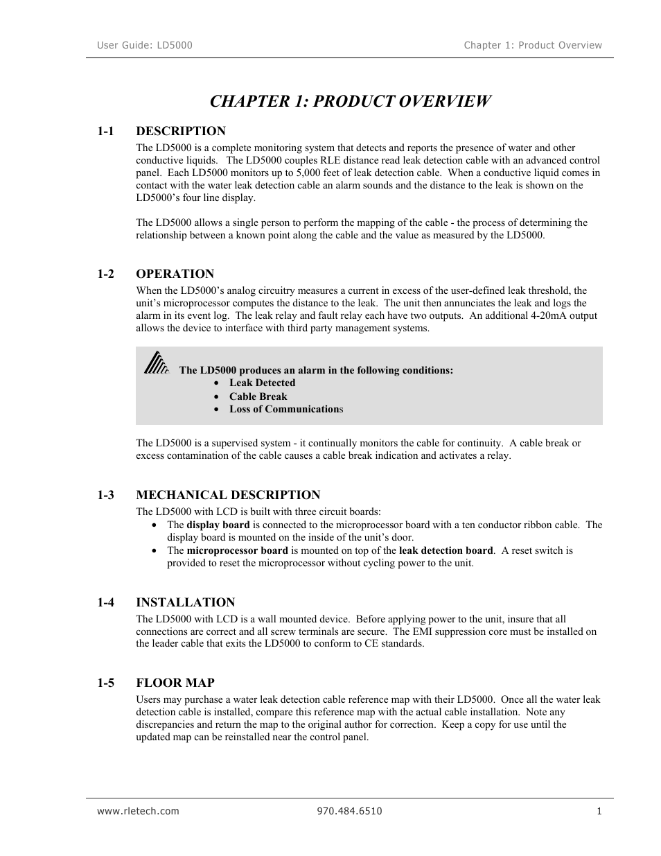 Product overview, Description, Operation | Mechanical description, Installation, Floor map, Chapter 1: product overview | RLE LD5000 User Manual | Page 9 / 92