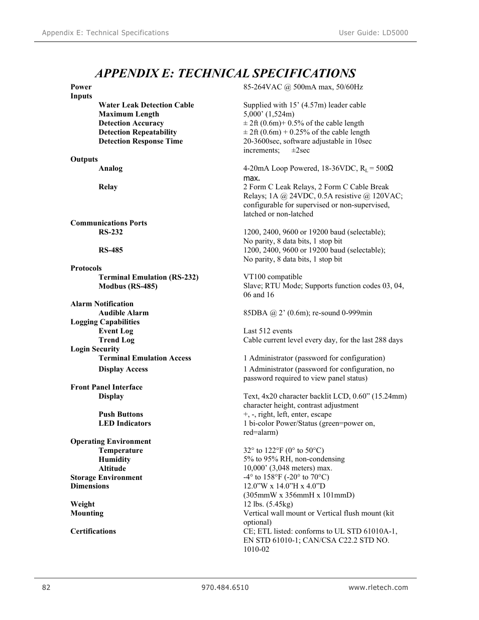 Appendix e: technical specifications | RLE LD5000 User Manual | Page 90 / 92