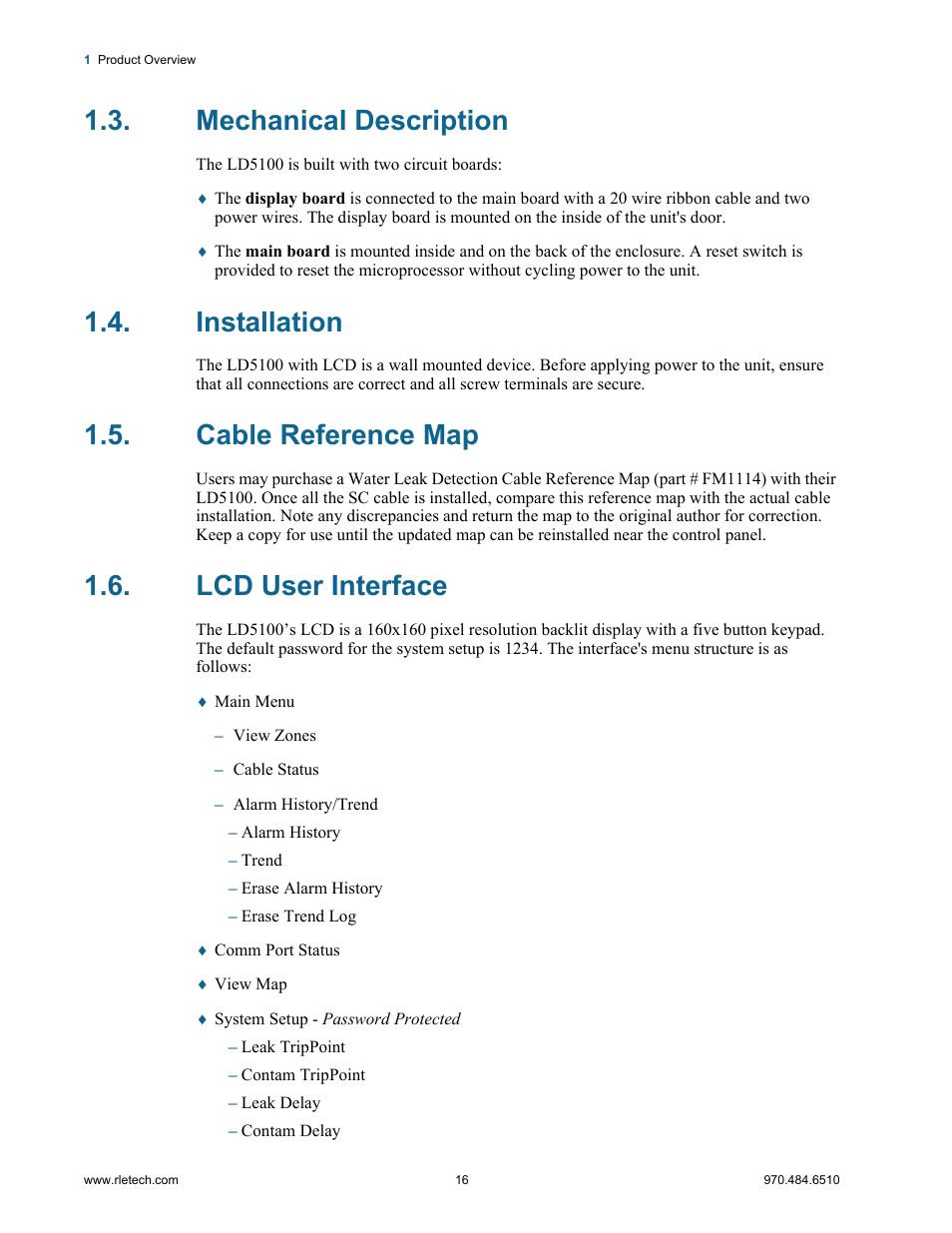 Mechanical description, Installation, Cable reference map | Lcd user interface | RLE LD5100 User Manual | Page 16 / 72