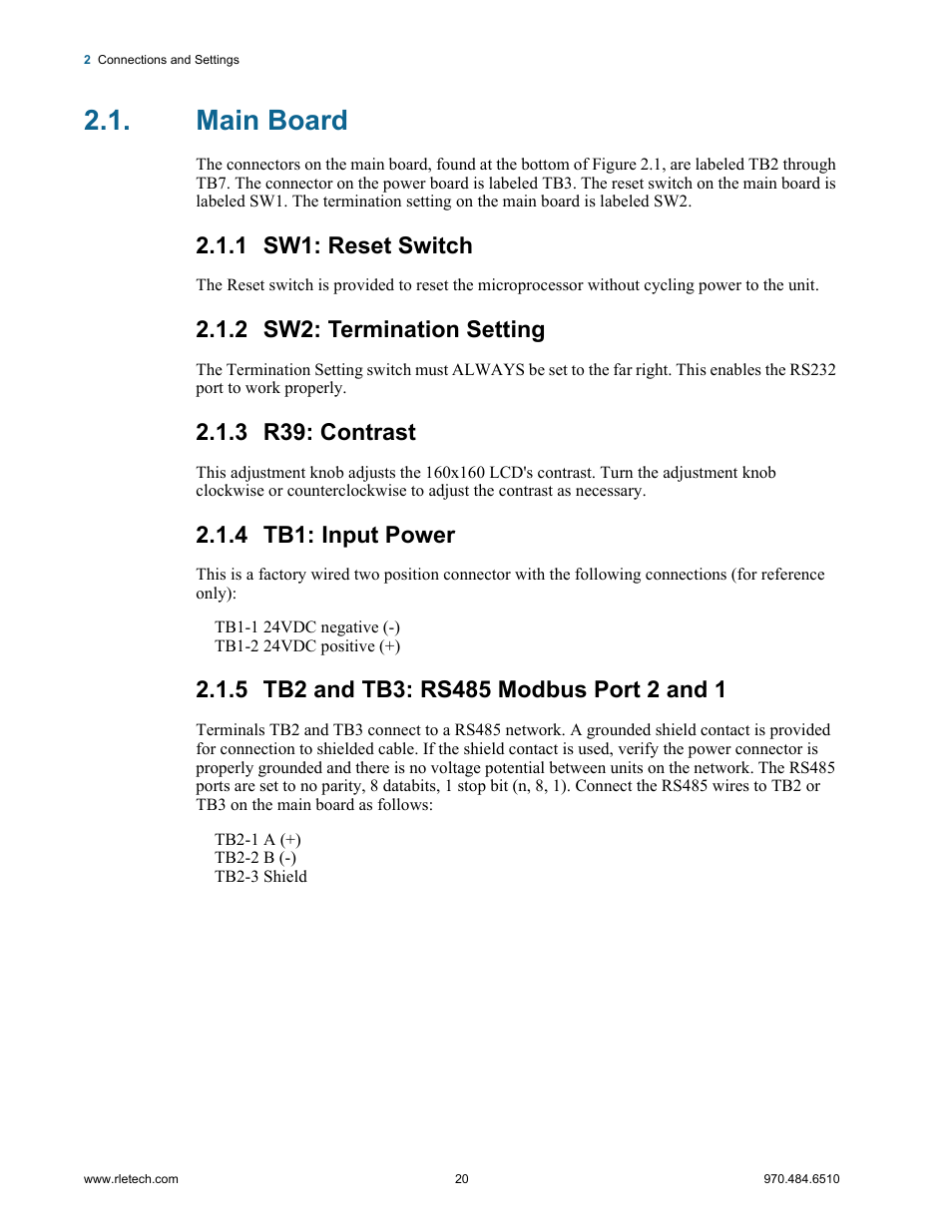 Main board, 1 sw1: reset switch, 2 sw2: termination setting | 3 r39: contrast, 4 tb1: input power, 5 tb2 and tb3: rs485 modbus port 2 and 1 | RLE LD5100 User Manual | Page 20 / 72