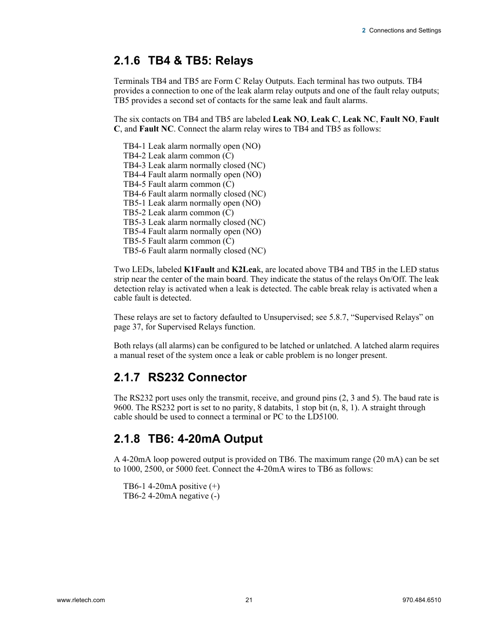 6 tb4 & tb5: relays, 7 rs232 connector, 8 tb6: 4-20ma output | RLE LD5100 User Manual | Page 21 / 72