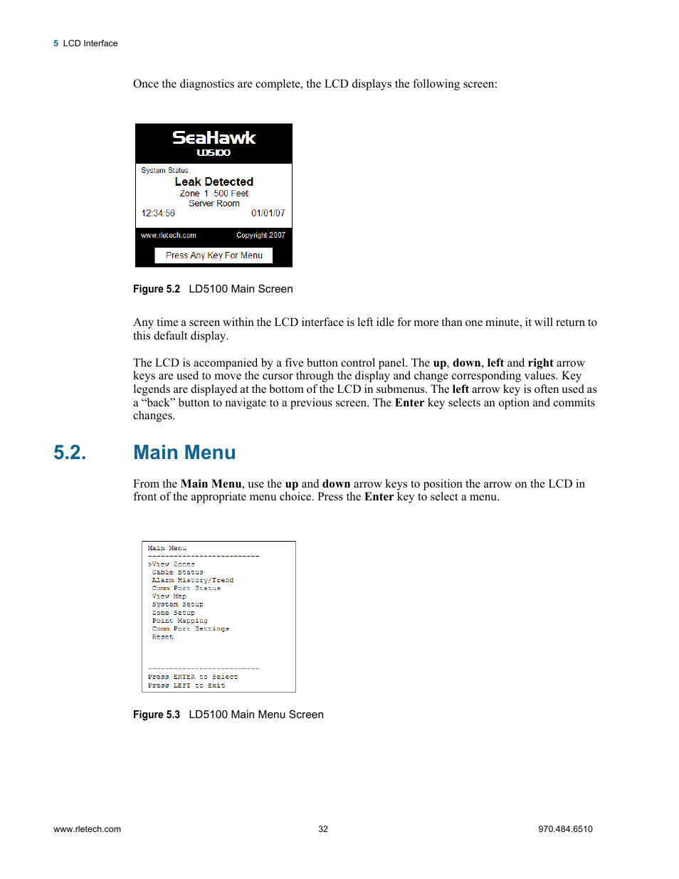 Main menu, Figure 5.2, Ld5100 main screen | Figure 5.3, Ld5100 main menu screen | RLE LD5100 User Manual | Page 32 / 72