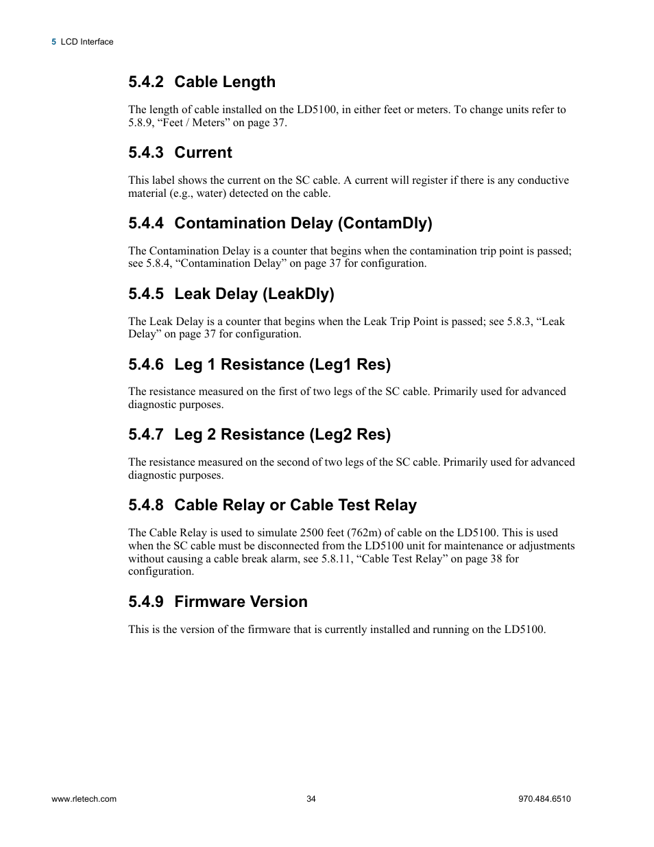 2 cable length, 3 current, 4 contamination delay (contamdly) | 5 leak delay (leakdly), 6 leg 1 resistance (leg1 res), 7 leg 2 resistance (leg2 res), 8 cable relay or cable test relay, 9 firmware version | RLE LD5100 User Manual | Page 34 / 72