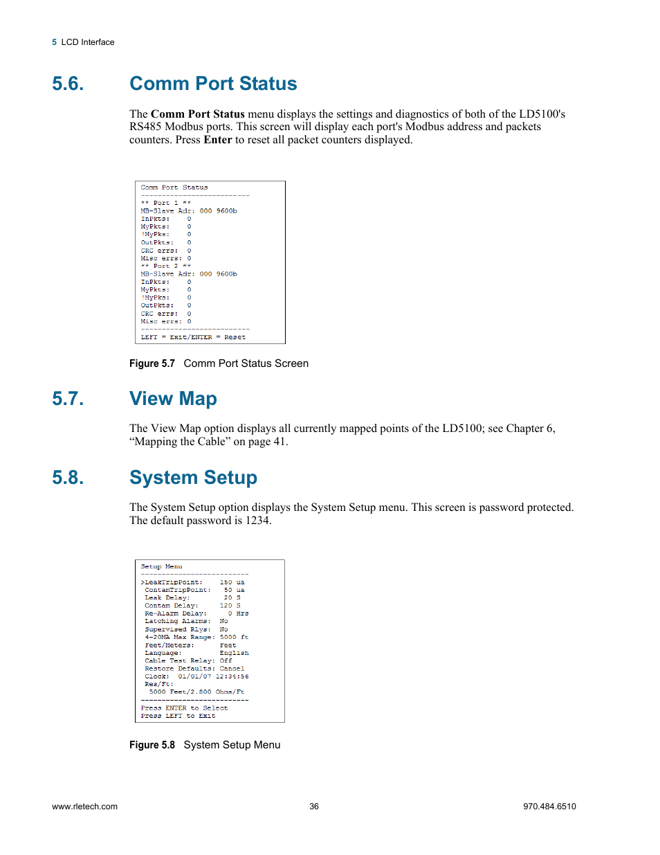 Comm port status, View map, System setup | Comm port status view map system setup, Figure 5.7, Comm port status screen, Figure 5.8, System setup menu | RLE LD5100 User Manual | Page 36 / 72