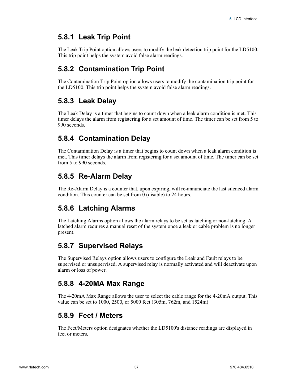 1 leak trip point, 2 contamination trip point, 3 leak delay | 4 contamination delay, 5 re-alarm delay, 6 latching alarms, 7 supervised relays, 8 4-20ma max range, 9 feet / meters, Ssed; see 5.8.3, “leak | RLE LD5100 User Manual | Page 37 / 72