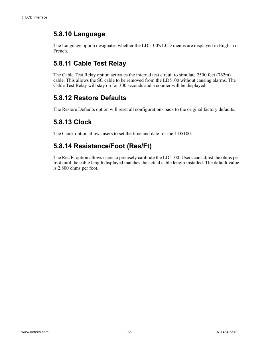 10 language, 11 cable test relay, 12 restore defaults | 13 clock, 14 resistance/foot (res/ft) | RLE LD5100 User Manual | Page 38 / 72