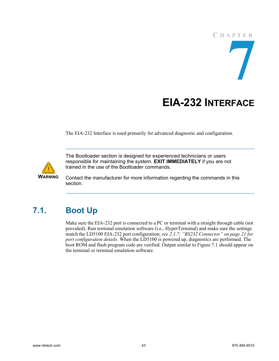 Eia-232 interface, Boot up, Eia-232 i | Nterface | RLE LD5100 User Manual | Page 43 / 72