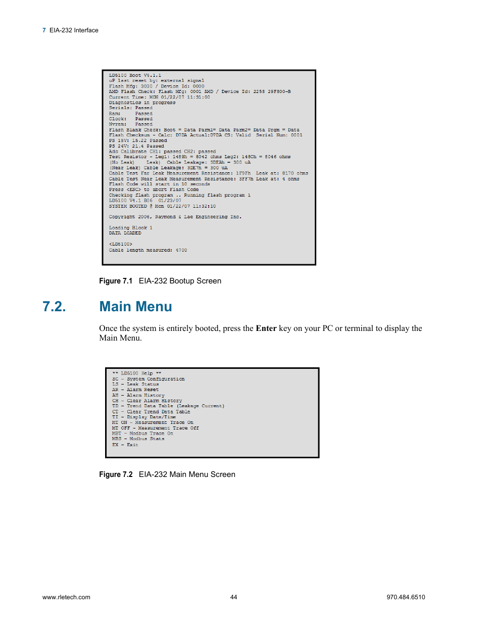 Main menu, Figure 7.1, Eia-232 bootup screen | Figure 7.2, Eia-232 main menu screen | RLE LD5100 User Manual | Page 44 / 72