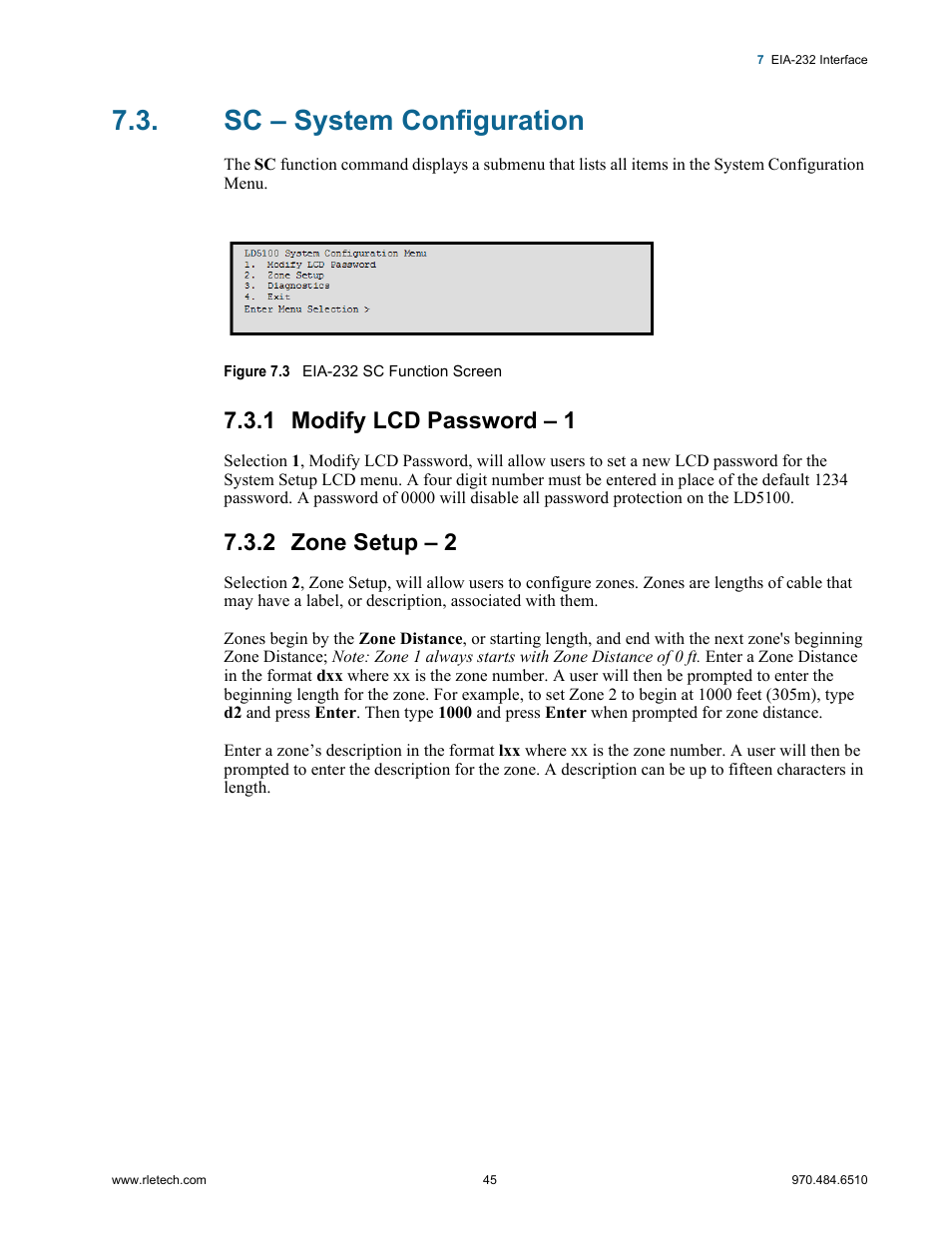 Sc – system configuration, 1 modify lcd password – 1, 2 zone setup – 2 | Modify lcd password – 1 zone setup – 2, Figure 7.3, Eia-232 sc function screen | RLE LD5100 User Manual | Page 45 / 72