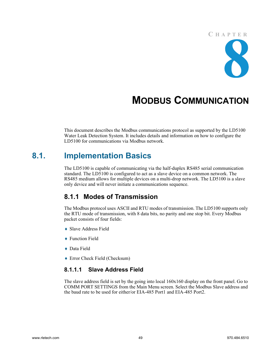 Modbus communication, Implementation basics, 1 modes of transmission | 1 slave address field, Modes of transmission, Slave address field, Odbus, Ommunication | RLE LD5100 User Manual | Page 49 / 72