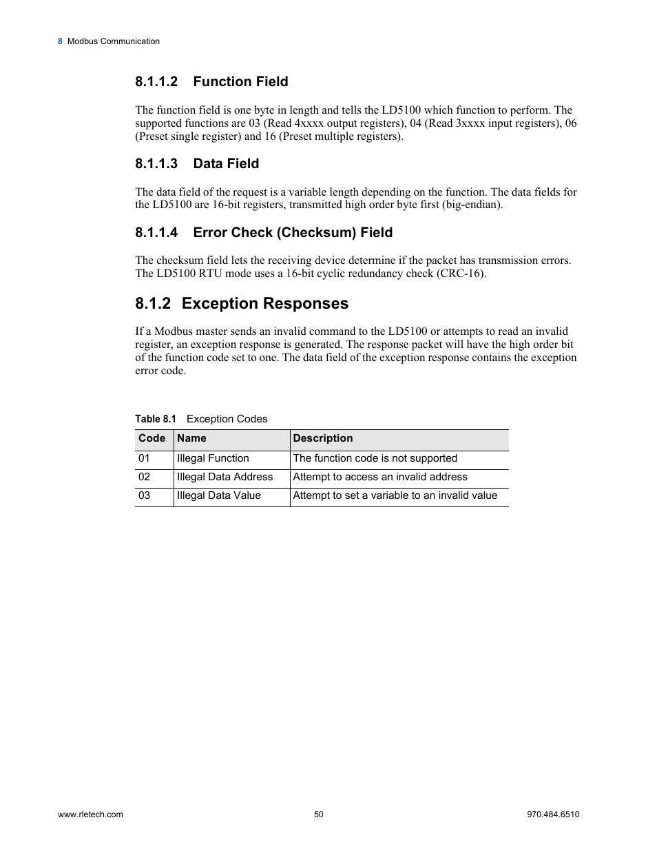 2 function field, 3 data field, 4 error check (checksum) field | 2 exception responses, Exception responses, Table 8.1, Exception codes | RLE LD5100 User Manual | Page 50 / 72