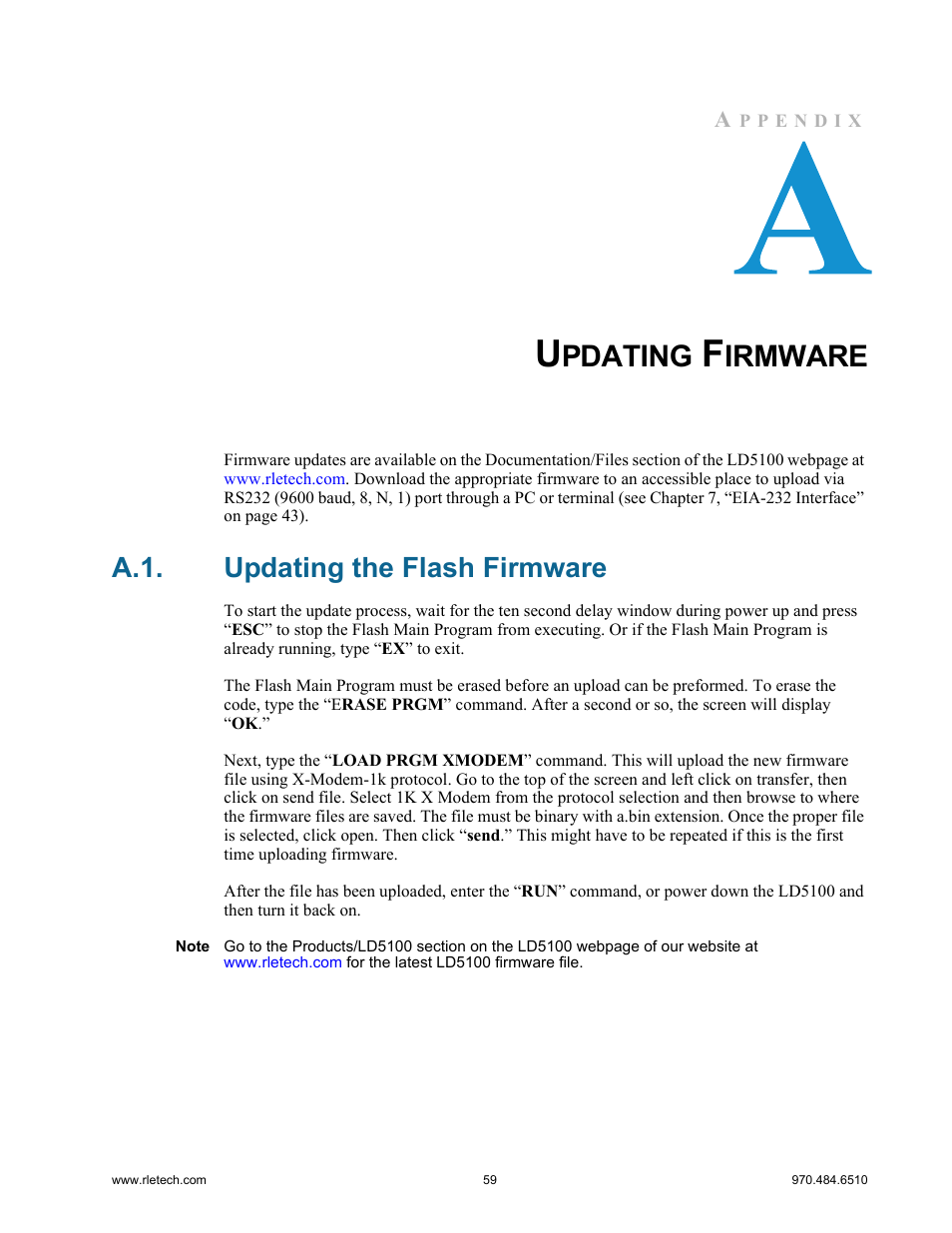 Updating firmware, A.1. updating the flash firmware, Updating the flash firmware | Pdating, Irmware | RLE LD5100 User Manual | Page 59 / 72