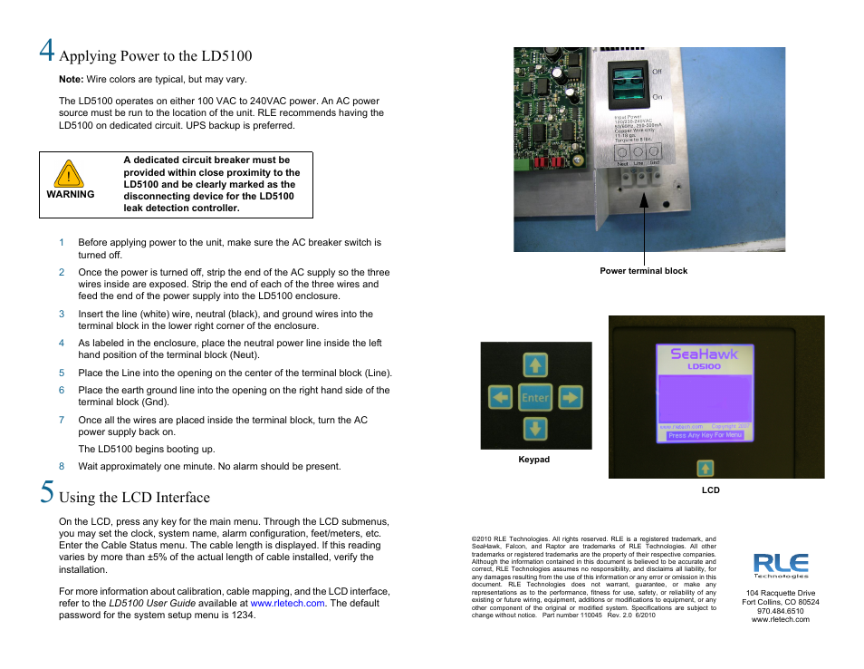 Applying power to the ld5100, Using the lcd interface | RLE LD5100 Quick Start User Manual | Page 2 / 2