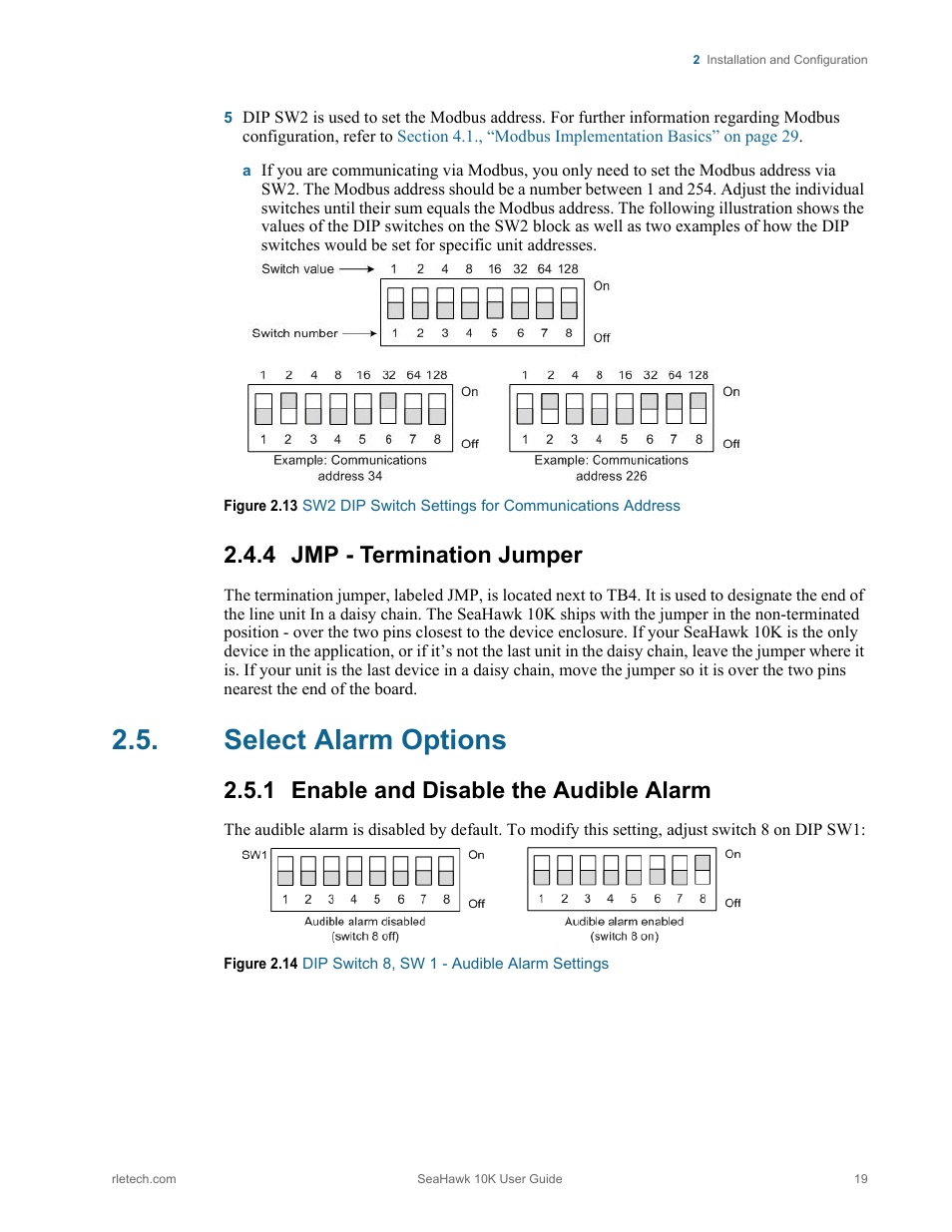 4 jmp - termination jumper, Select alarm options, 1 enable and disable the audible alarm | Jmp - termination jumper, Enable and disable the audible alarm | RLE 10K V.2.5.a User Manual | Page 19 / 44