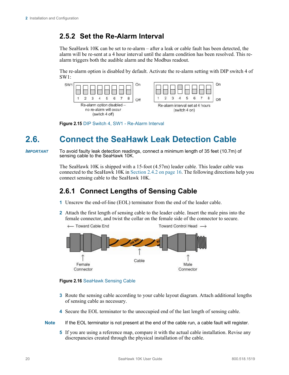 2 set the re-alarm interval, Connect the seahawk leak detection cable, 1 connect lengths of sensing cable | Set the re-alarm interval, Connect lengths of sensing cable | RLE 10K V.2.5.a User Manual | Page 20 / 44