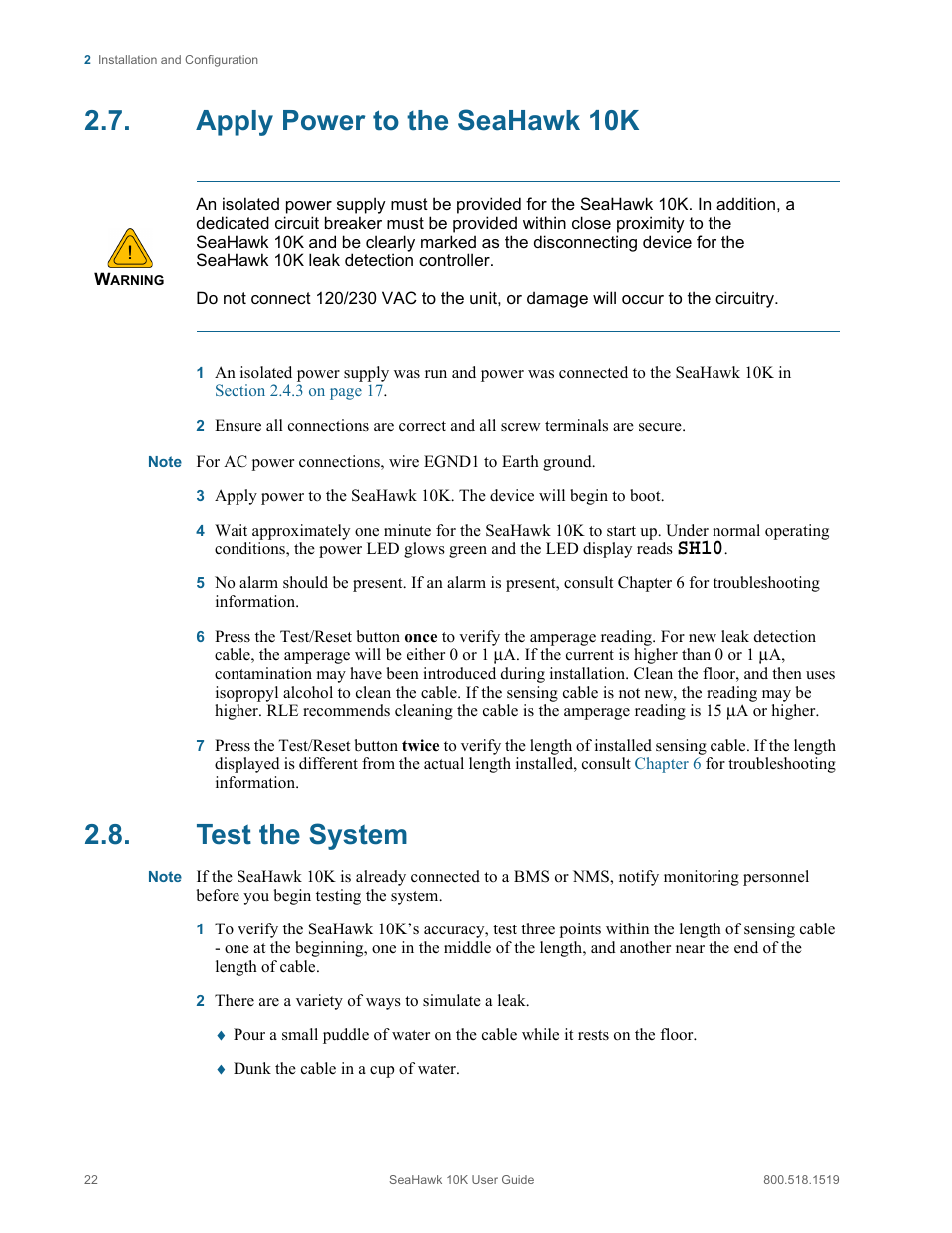 Apply power to the seahawk 10k, Test the system, Apply power to the seahawk 10k test the system | Sh10 | RLE 10K V.2.5.a User Manual | Page 22 / 44
