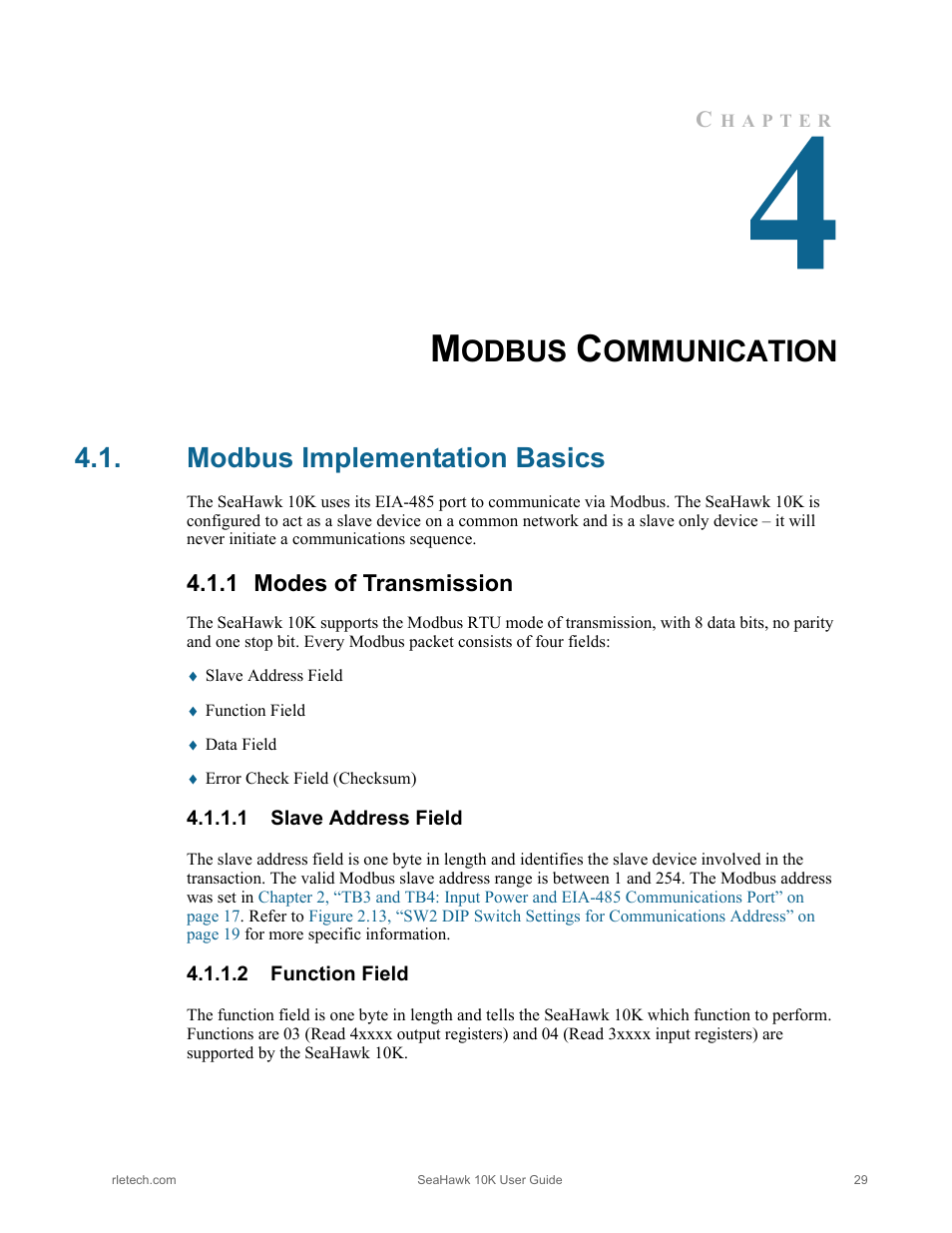 Modbus communication, Modbus implementation basics, 1 modes of transmission | 1 slave address field, 2 function field, Modes of transmission, Slave address field function field, Odbus, Ommunication | RLE 10K V.2.5.a User Manual | Page 29 / 44