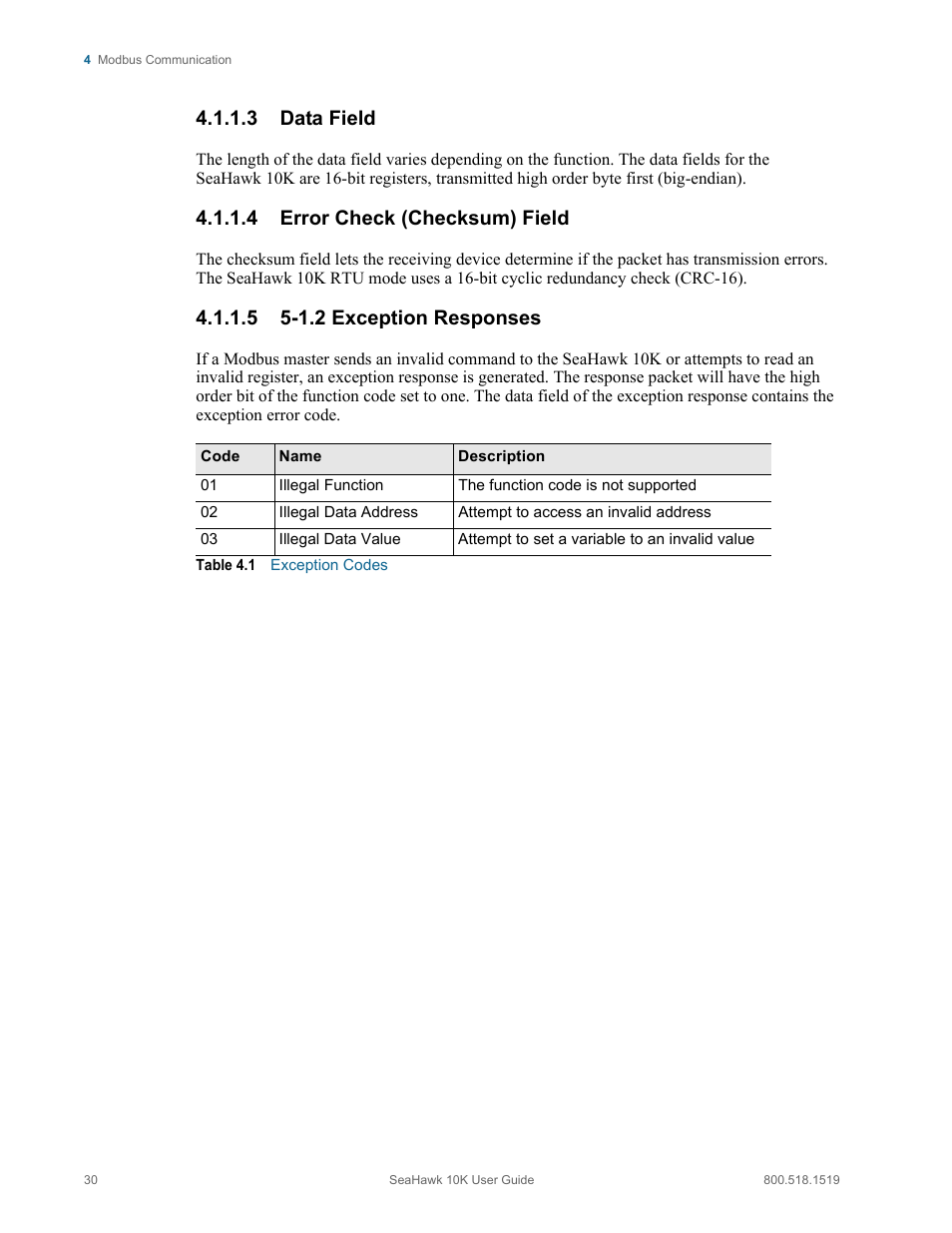 3 data field, 4 error check (checksum) field, 5 5-1.2 exception responses | Table 4.1, Exception codes | RLE 10K V.2.5.a User Manual | Page 30 / 44