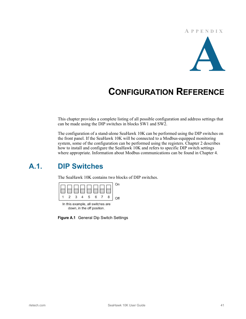 Configuration reference, A.1. dip switches, Dip switches | Figure a.1 general dip switch settings, Onfiguration, Eference | RLE 10K V.2.5.a User Manual | Page 41 / 44