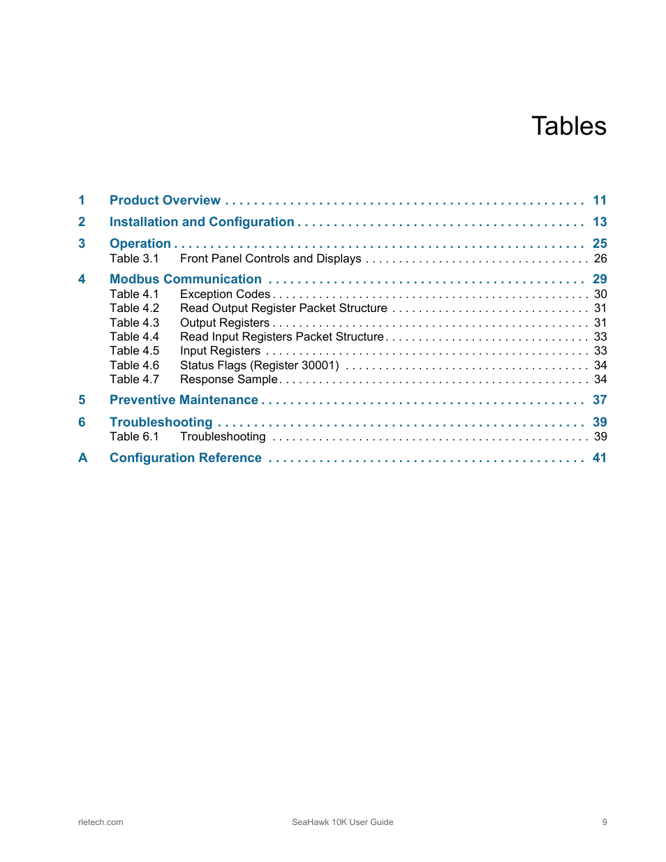 Tables | RLE 10K V.2.5.a User Manual | Page 9 / 44