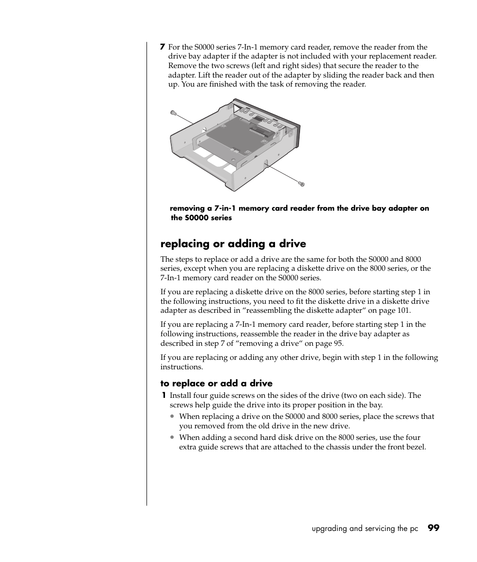 Replacing or adding a drive | Compaq S0000 Series User Manual | Page 106 / 123