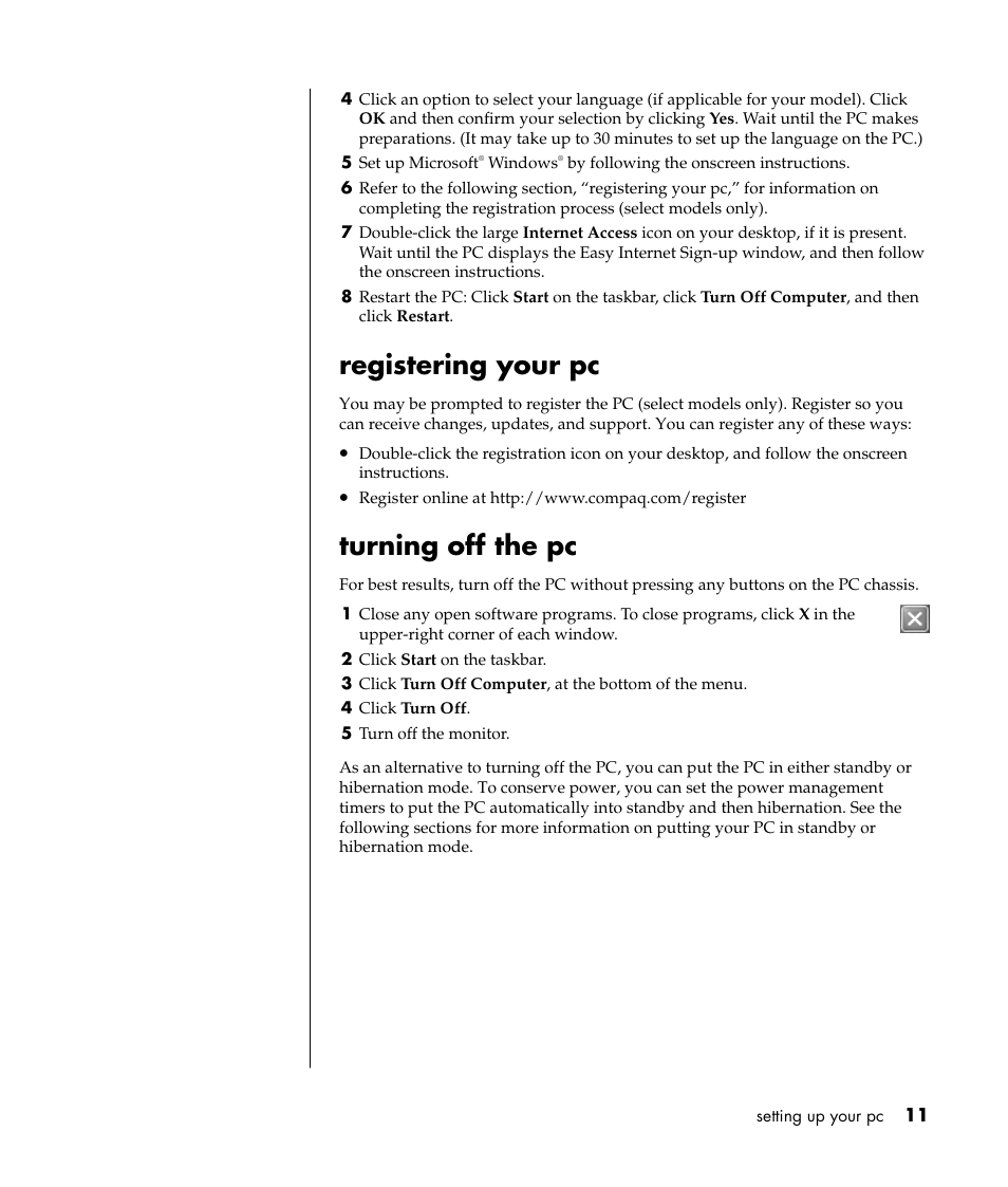 Registering your pc, Turning off the pc | Compaq S0000 Series User Manual | Page 18 / 123