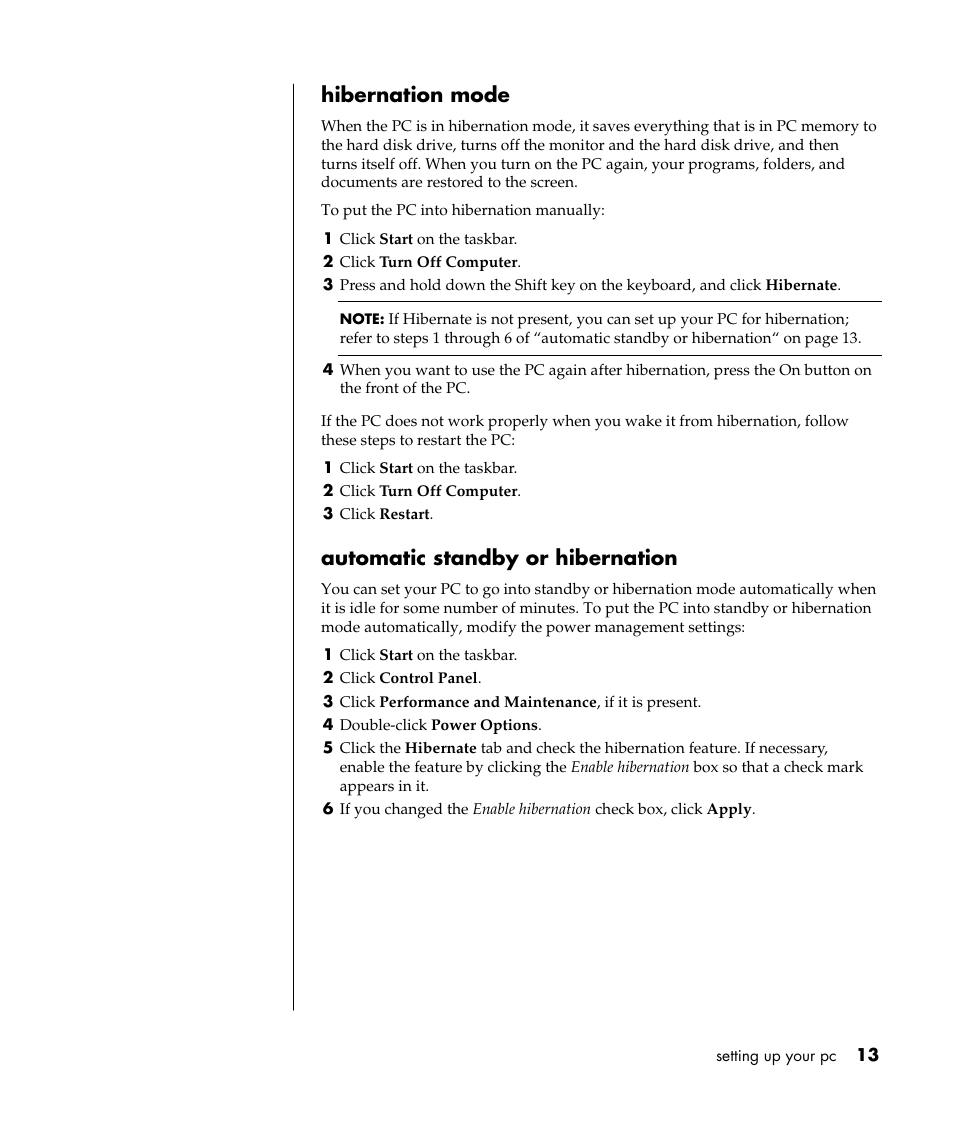 Hibernation mode, Automatic standby or hibernation | Compaq S0000 Series User Manual | Page 20 / 123
