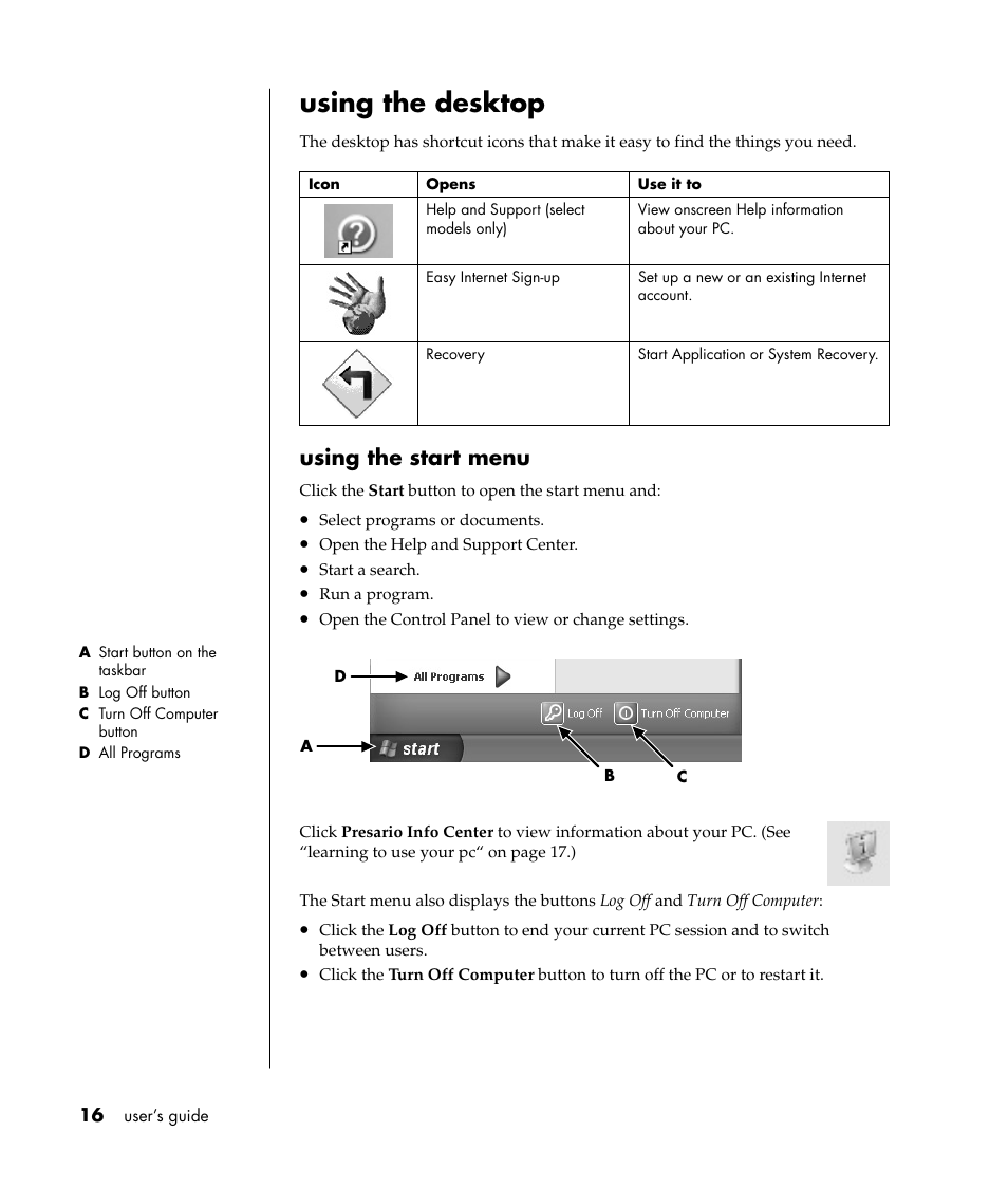 Using the desktop, Using the start menu | Compaq S0000 Series User Manual | Page 23 / 123