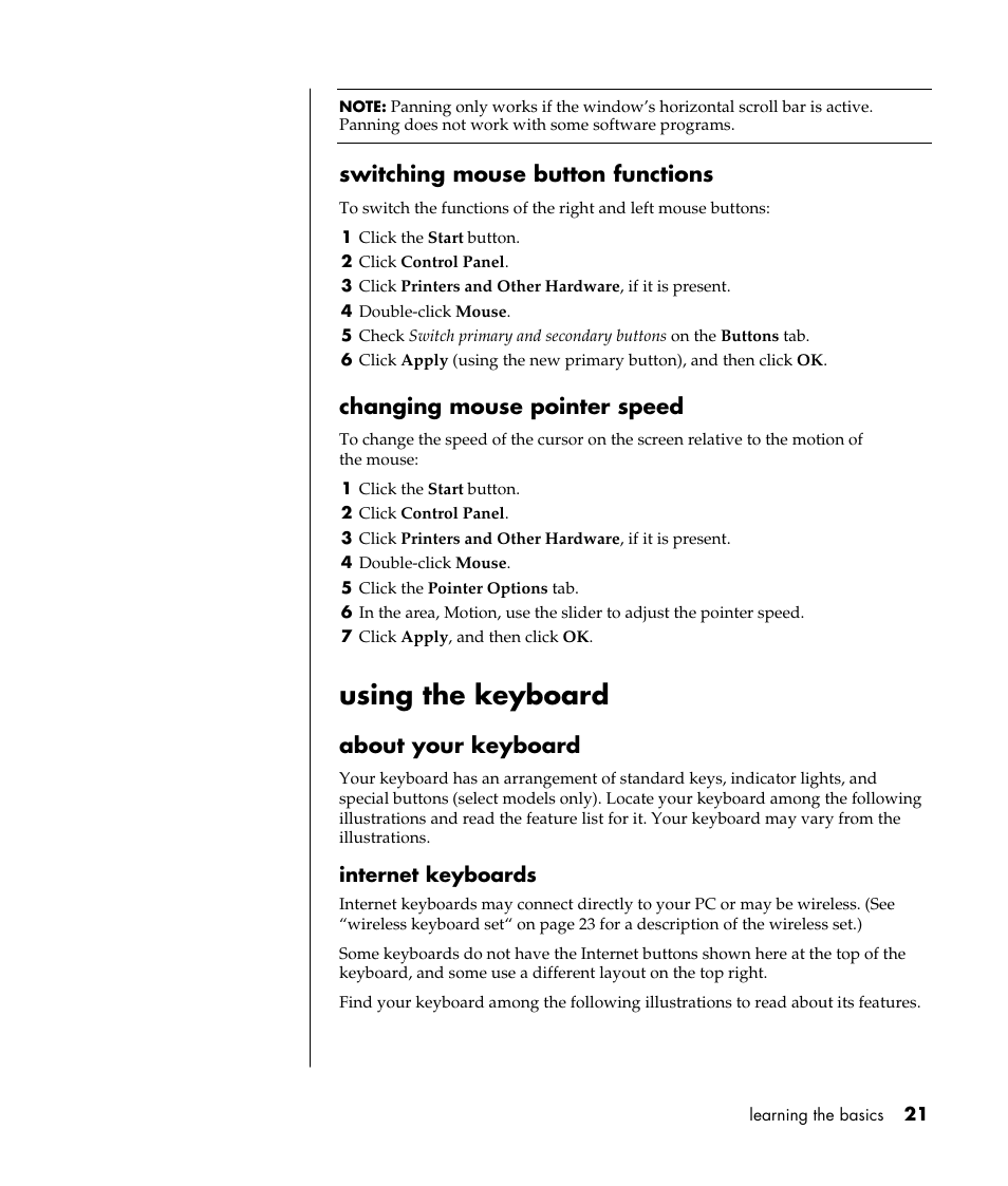 Using the keyboard, Switching mouse button functions, Changing mouse pointer speed | About your keyboard | Compaq S0000 Series User Manual | Page 28 / 123