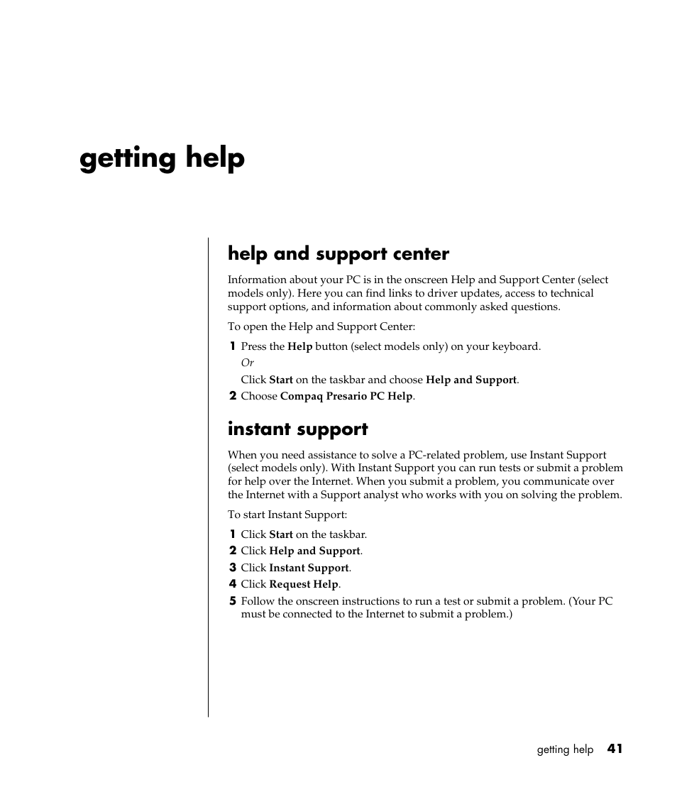 Getting help, Help and support center, Instant support | Compaq S0000 Series User Manual | Page 48 / 123
